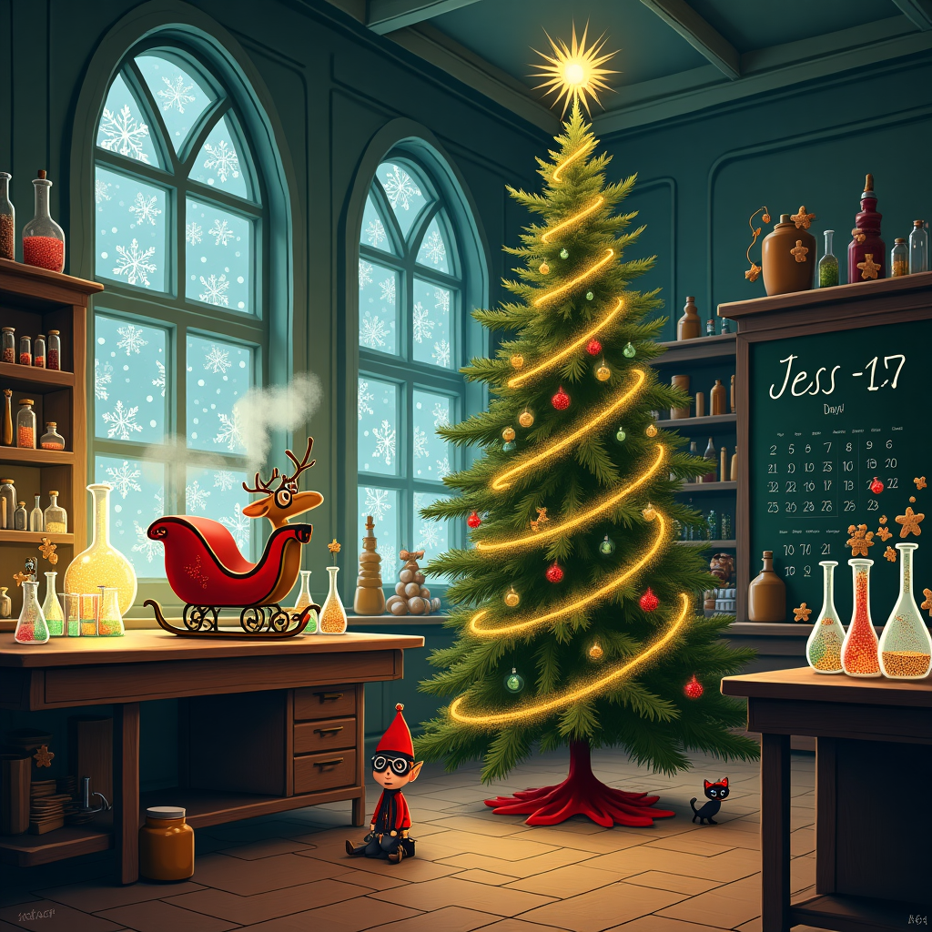 The scene is a whimsical Christmas laboratory, bustling with festive experimentation. Imagine a grand room with tall, arched windows frosted with intricate snowflake patterns, through which a soft twilight glow spills in, casting a warm, cozy ambiance. At the center of the room stands a long wooden workbench cluttered with curious contraptions and beakers bubbling with vibrant, colorful liquids that puff out playful peppermint-scented steam. To the left, a miniature sleigh with test tubes as rails sits on a platform labeled “Reindeer Fuel Trials,” with a tiny mechanical reindeer, its eyes aglow, ready to dash off. On the right, a towering Christmas tree reaches up to the ceiling, its branches adorned not just with baubles, but with whimsical ornaments like beakers and Erlenmeyer flasks filled with glittering liquids, reflecting light like a disco ball. Perched atop the tree, instead of a star, is a shining beaker that sparkles with golden light, and hanging below it are shimmering strands spelling out the name "Jess" in sparkling chemical symbols. In the foreground, a small, mischievous elf wearing oversized goggles juggles gingerbread cookies shaped like molecules. Along the back wall, an oversized blackboard has been turned into a calendar with a festive equation chalked out, calculating the exact number of sleeps until Christmas Day. With a nod to Edward Gorey, a small, shadowy cat with a fluffy tail can be seen peeking from behind the board, watching the merry chaos unfold.
Generated with these themes: Lab.
Made with ❤️ by AI.