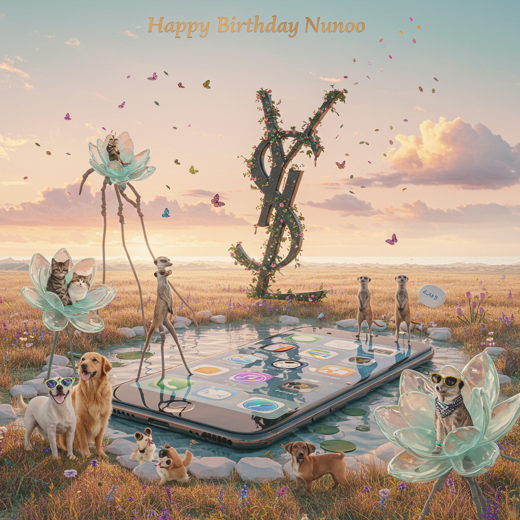 At the top of the Surreal Style image, Happy Birthday Nunoo

Dreamlike, Dali-inspired surreal comedy scene with melting forms and ethereal lighting: a vast pastel sunrise desert-meadow with a mirrorlike pool. In the center stands a monumental Saint Laurent YSL monogram sculpted from glossy obsidian entwined with living vines and wildflowers; its lower edges gently melt into the pool, which is actually a giant iPhone screen draped over a smooth rock, its liquid glass rippling into reflective waves. Perched on the YSL, a regal tabby cat in a tiny satin bow tie strikes a smug selfie with a slightly melting iPhone; its tail curls like a question mark. A procession of meerkats on impossibly long, stilt-like legs strut across the iPhone-pool as if on a runway, wearing miniature YSL silk scarves and pulling exaggerated fashion poses; one meerkat photobombs with wide-eyed sincerity. In the foreground, a golden retriever with buoyant balloon-ears and oversized YSL sunglasses grins goofily; a sausage dog stretches like a bridge for two meerkats to cross. Other cats lounge inside giant flower-blooms whose glassy petals resemble app icons; butterflies shaped like tiny speech bubbles drift by; clouds form soft pawprints. Confetti-like petals float on the breeze, hinting at birthday celebration without extra text. Color palette: soft golds, lilac, mint, and inky midnight accents; textures of velvet shadows, glossy liquid glass, plush fur, and satin. Lighting: cinematic low sun with dreamy god-rays and long, surreal shadows; shallow depth-of-field keeps animals crisp while the landscape stays dream-soft. Composition: grand, clean focal center with generous sky space for the header. Render the top text as elegant molten-gold lettering with a soft halo, slightly drooping at the tips, legible and high-fashion. Tasteful use of the YSL monogram as art, not an ad; no other logos or marks.

At the bottom in small playful lettering: Stay pawsitively iconic.
Generated with these themes: Cats, meerkats, dogs, luxury brand ysl, iPhone, nature, , and .
Made with ❤️ by AI.