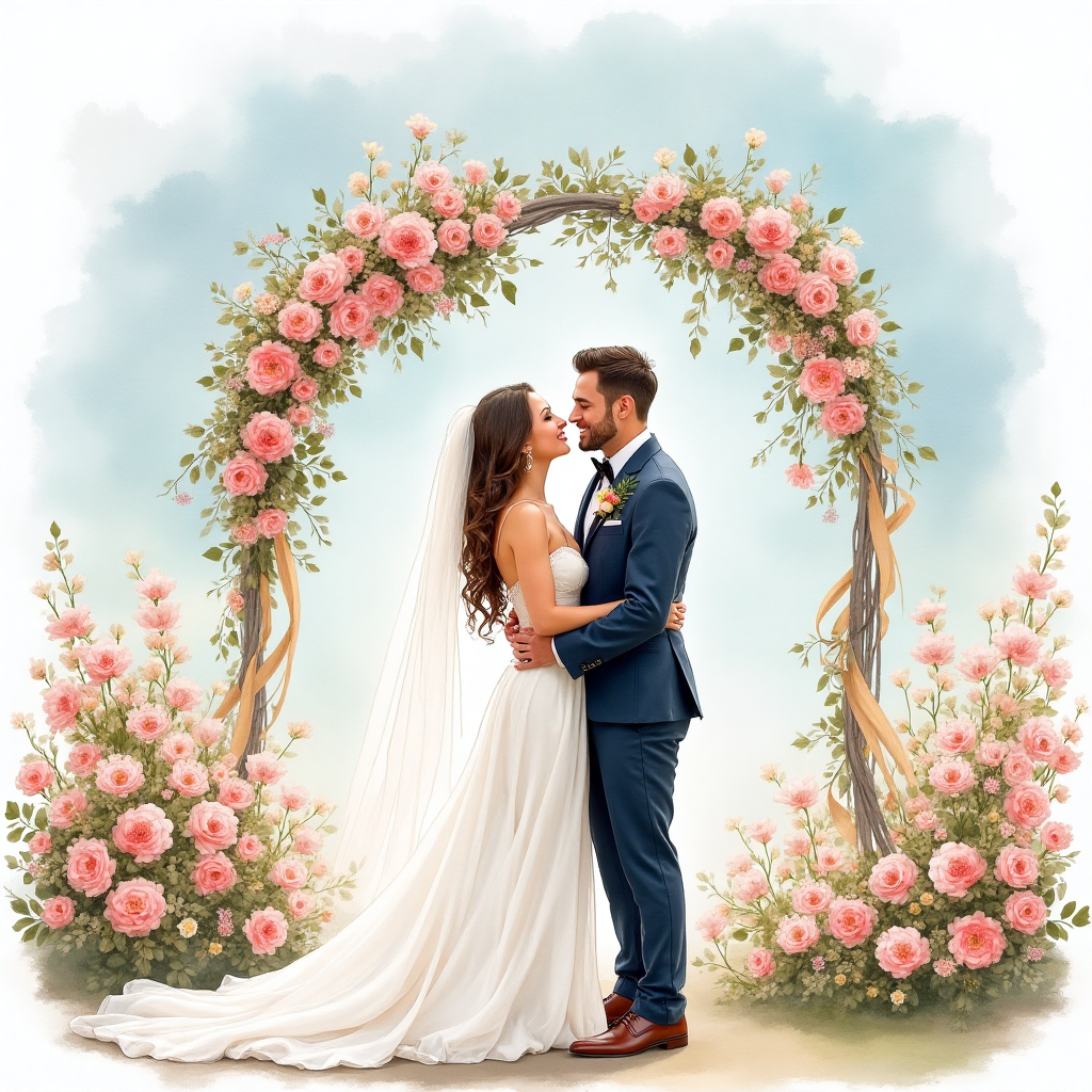 **Prompt for Image:**

Imagine a romantic watercolor wedding scene that captures the essence of love and celebration. At the forefront, Max Verstappen and George Russell, dressed in dapper tuxedos, are poised in a joyful embrace. The scene is set in a beautiful garden, with delicate washes of pastel flowers cascading around them, and subtle hints of a Formula 1 car peeking through the foliage as a playful nod to their racing backgrounds. The sky is a dreamy blend of soft blues and pinks, with gentle brushstrokes conveying a sense of movement and fluidity. In the background, a charming arch decorated with flowing ribbons and blooms frames the happy couple.

**Text Caption:**

"Racing into Love, One Lap at a Time."
Generated with these themes: Wedding, Max Verstappen, George Russell, and .
Made with ❤️ by AI.