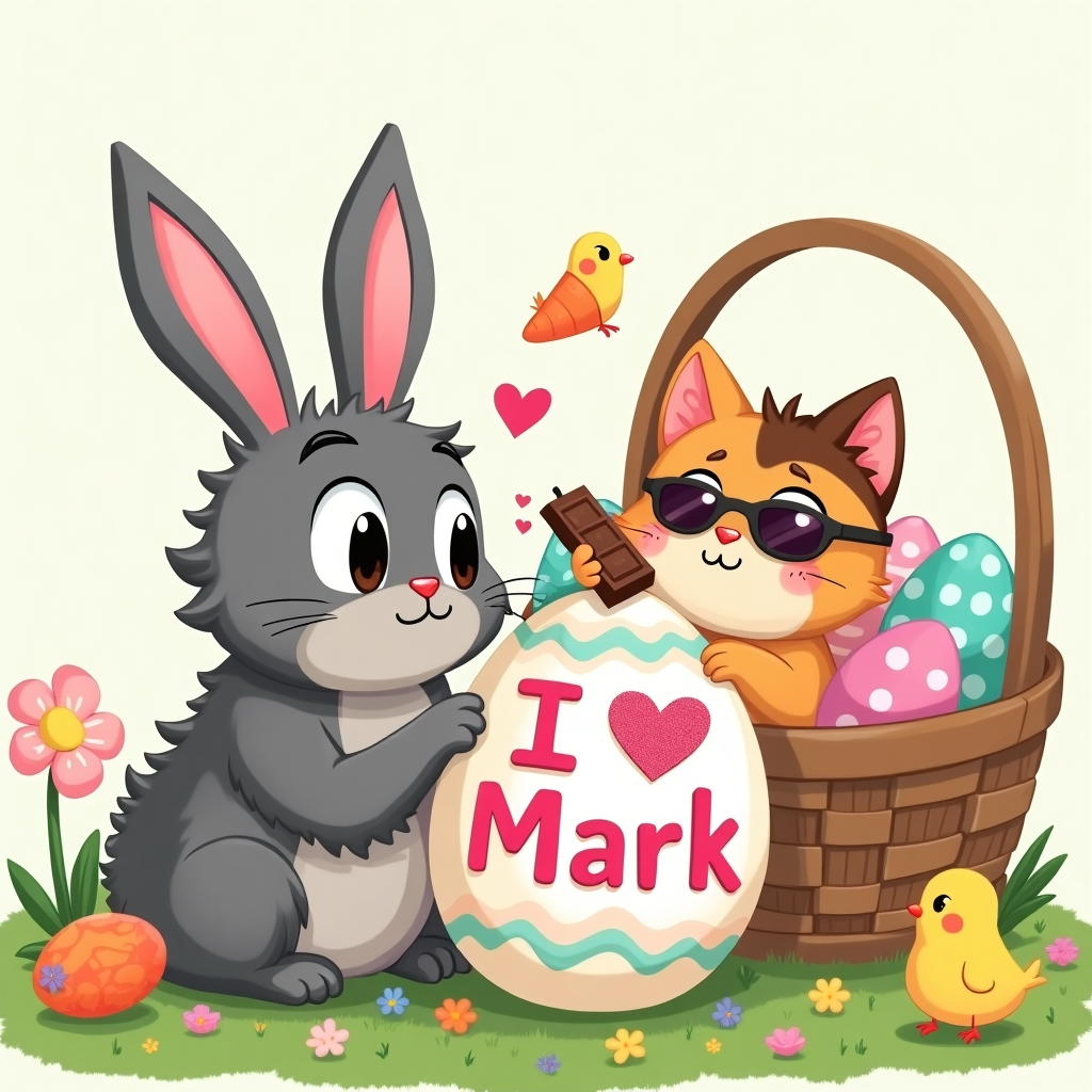 **Prompt for the image:**

At the top of the illustration image: *Hoppy Easter, Mark—you’ve been eggs-tra loved by a smitten kitten!*

Create a whimsical and funny Easter-themed illustration in a colorful, cartoonish style. The scene features two cats: a fluffy grey male cat named Mark wearing bunny ears slightly askew and looking adorably bewildered, and a calico female cat named Nadin gazing dreamily at him with hearts floating around her head. They're surrounded by oversized decorated Easter eggs, spring flowers, and tiny chick sidekicks wearing sunglasses. In the background, a large Easter basket is bursting with pastel goodies and one very suspicious-looking carrot with eyes. Nadin is painting a giant egg with “I ♥ Mark” in pink sparkly letters, while Mark sits in it like an Easter surprise, half-blushing and holding a chocolate bunny. The tone is playful, punny, and irresistibly cute.
Generated with these themes: Two cats in love. The male cat is called Mark, the female cat is called Nadin. Nadin is in love with Mark.
Made with ❤️ by AI.