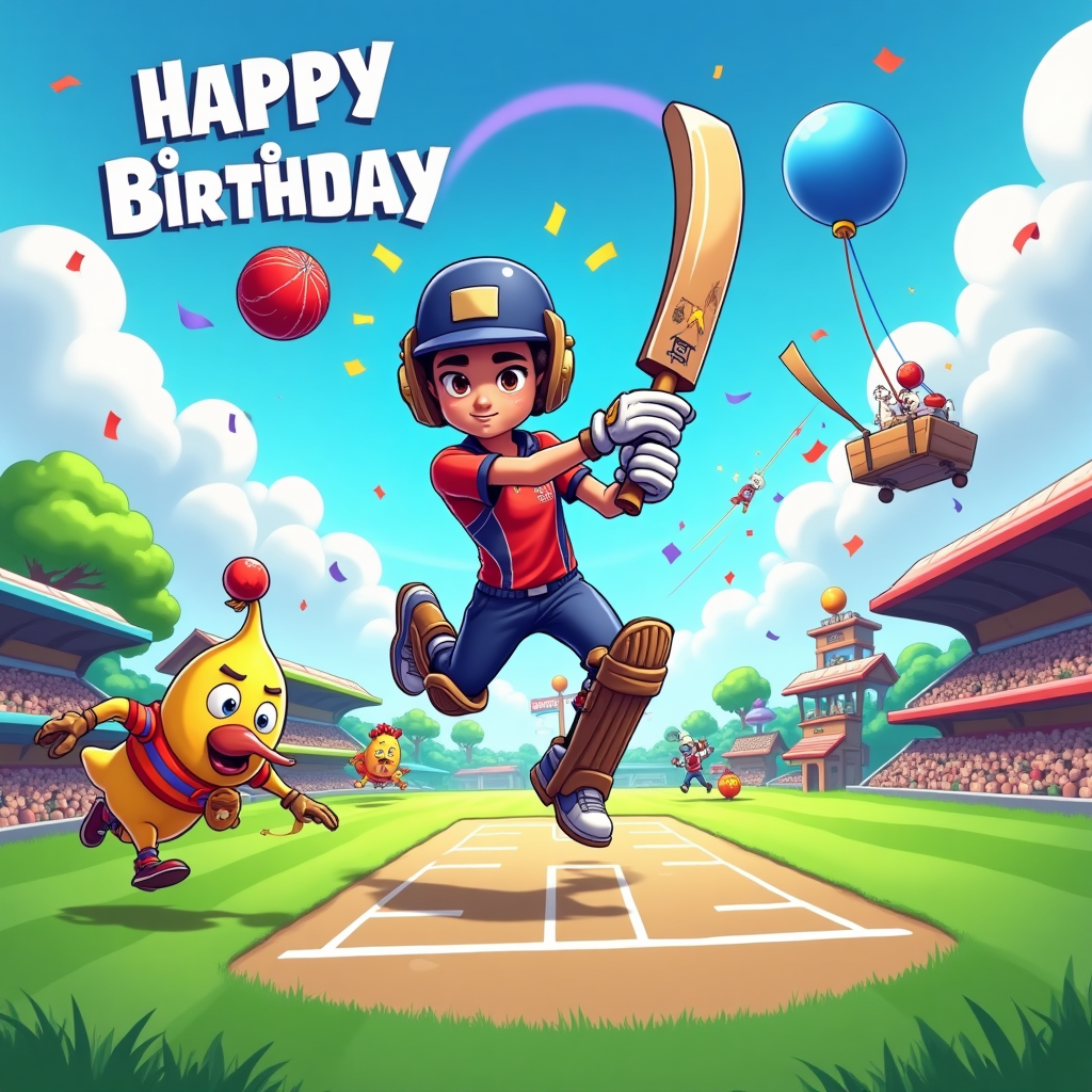 At the top of the Cartoon Style image, Happy Birthday Edwin

A playful, funny, high-energy Cartoon Style scene blending Fortnite and cricket:
- A bright, floating island cricket pitch in the sky, lush neon-green oval field with white crease lines, surrounded by cartoon clouds and a soft purple storm ring in the far distance.
- Center action: a Fortnite-style hero with exaggerated proportions (big head, chunky gloves, tiny waist), wearing a shiny cricket helmet and pads, mid-leap in an energetic pose, swinging a bat–pickaxe hybrid with comic motion lines. A red cricket ball with a tiny glider canopy swoops in toward the bat, leaving a sparkling trail.
- Wickets made of stacked cartoon supply crates with bails shaped like little balloons popping off in a silly arc.
- A goofy banana mascot fielder with massive mitts dives dramatically, eyes wide, tongue out, slipping on the turf for slapstick humor.
- A colorful piñata-llama-style umpire in a striped shirt raises a finger with a whistle in its mouth, confetti bursting around it.
- Background details: wooden build ramps and walls jutting from the pitch edges; a giant cricket-ball supply drop descending on a blue balloon; teammates in the distance doing zany dance poses; floating shield bottles and snacks shaped like tiny cricket teas.
- Style: thick black outlines, bright saturated colors (electric blues, lime greens, sunny yellows, candy purples), glossy cel shading, bold shapes, whimsical facial expressions, and exaggerated, energetic poses. Full-bleed portrait composition with plenty of sky for the header text.
- Place a big blue “victory banner” shape behind the main character for emphasis (no extra words on it).

At the bottom of the Cartoon Style image, a small cheeky caption: Drop in, bat hard, dance it off!
Generated with these themes: Fortnite, Cricket, and .
Made with ❤️ by AI.