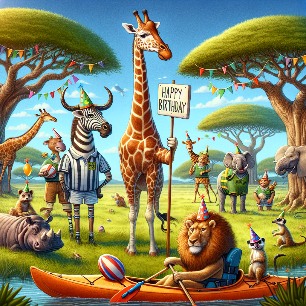 Create a whimsical birthday illustration that showcases a humorous scene. This scene takes place on the lush savannahs of South Africa, where an ensemble of animals is engaged in a playful game of rugby. A tall giraffe, appointed as the referee, is seen blowing a whistle. Meanwhile, a zebra and a lion, both sporting festive party hats, paddle their way across the field in a kayak. The remarkable scene is framed by baobab trees adorned with colourful banners and a clear, azure sky stretches above. A meerkat proudly holds up a sign that reads 'Happy Birthday', and a hippo lounges around, contently munching on some biltong.
Generated with these themes: Rugby, kayak, birthday, south african landscape, biltong.
Made with ❤️ by AI.
