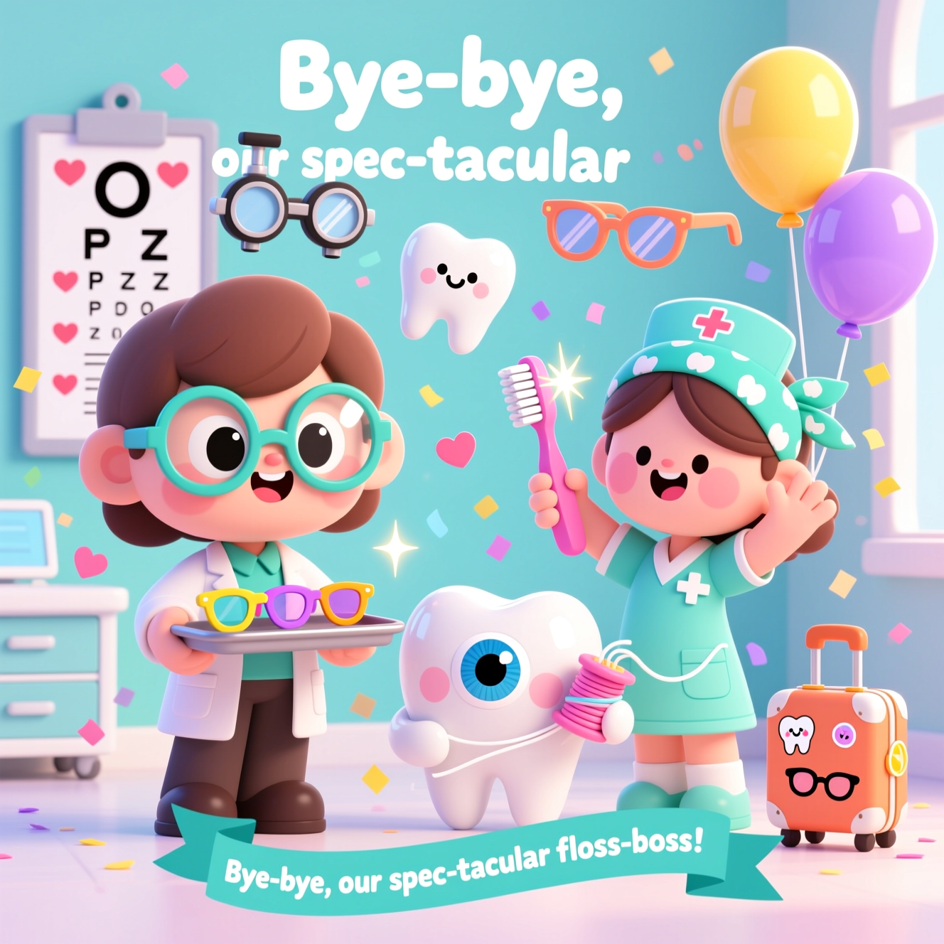 Prompt:
Vertical portrait, cute playful cartoon scene in kawaii style with exaggerated chibi proportions, thick bold outlines, bright saturated colors, and whimsical energetic poses. A bubbly optical assistant (optician) with oversized round glasses and shiny eyes holds a tray of tiny colorful frames; a smiley phoropter and a friendly eye chart with heart-shaped markers float behind. Beside them, a cheerful dental nurse in mint scrubs and a tooth-pattern bandana waves, holding a giant sparkly toothbrush and a ribbon-like floss spool with a cute face. Centered between them: an adorable anthropomorphic tooth character and a glossy kawaii eyeball character hugging and waving goodbye. Confetti, sparkles, and tiny heart puffs swirl around; balloons shaped like a tooth and a pair of spectacles bob overhead. A tiny rolling suitcase with a smile and stickers (tooth, glasses) hints at farewell. Clean pastel clinic accents, cel shading with glossy highlights, vibrant palette (turquoise, coral, lemon, lavender, bubblegum pink), crisp vector-like finish, soft drop shadows, joyful lighting, lots of breathing room.

Include text (one short line):
“Bye-bye, our spec-tacular floss-boss!”

Text styling and placement:
Hand-lettered, bouncy rounded type with thick outline; white fill with teal shadow for punch; small and unobtrusive on a curved ribbon banner near the bottom, not covering characters. No other text.
Generated with these themes: Kawaii characters, Optical assistant, Dental nurse, and .
Made with ❤️ by AI.