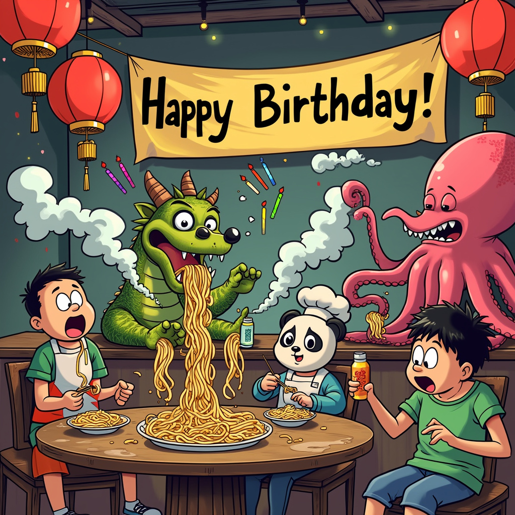 Picture this: A vibrant, zany birthday scene set in a whimsical, animated noodle shop straight out of a comic strip. The noodle shop, with its bright red and gold Chinese lanterns, is bustling with activity. At the center, we have a mischievous panda chef, inspired by Charles Schulz's playful characters, tossing noodles high into the air, creating a noodle mountain. 

Perched on top of the noodle mountain is a cheeky cartoon dragon, reminiscent of Walt Disney’s early works, vaping clouds of colorful smoke shaped like birthday candles. These vape clouds twist and turn in the air, with each one forming a playful "Happy Birthday!" message in vibrant hues. 

To the right, a group of friends, styled in a fusion of Bill Watterson’s and Gary Larson’s character designs, are seated at a round table, slurping noodles with exaggerated glee. Each friend is sipping on a can of Monster Energy, their expressions wild with excitement and a burst of energy. One friend, styled after a Tezuka character, has noodles comically tangled in their hair, while another, with a Larson-esque twist, is attempting to use chopsticks but has accidentally turned their Monster Energy drink into a fountain.

In the background, there's a friendly, towering octopus, reminiscent of Winsor McCay’s imaginative creatures, serving steaming bowls of noodles with two of its arms, while another arm clutches a Monster Energy can and another holds a vape pen, puffing out more birthday clouds.

Above the chaotic yet joyful scene, a large banner hangs with the words "Happy Birthday!" written in a dynamic comic-book font, echoing the influence of Will Eisner and Art Spiegelman, creating a dynamic focal point that ties the entire illustration together. The colors are bold and vivid, inspired by the vibrant palettes of Hergé and the underground comix world of R. Crumb.

This entire scene captures the essence of a quirky, high-energy birthday celebration, with each element intricately tied to the themes of Chinese noodles, vapes, and Monster Energy, creating a lively and humorous cartoon extravaganza.
Generated with these themes: Chinese noodles, Vapes, and Monster energy.
Made with ❤️ by AI.