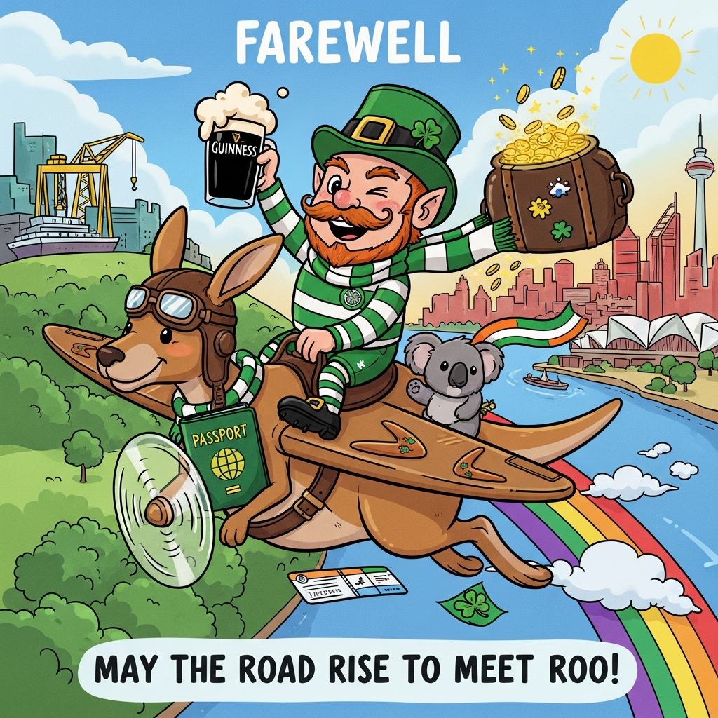 Ireland, Guinness, Alcohol, Leprechaun, Koala, Kangaroo, Celtic Football Club, Perth, Belfast, Flying, Travel, and Farewell Card