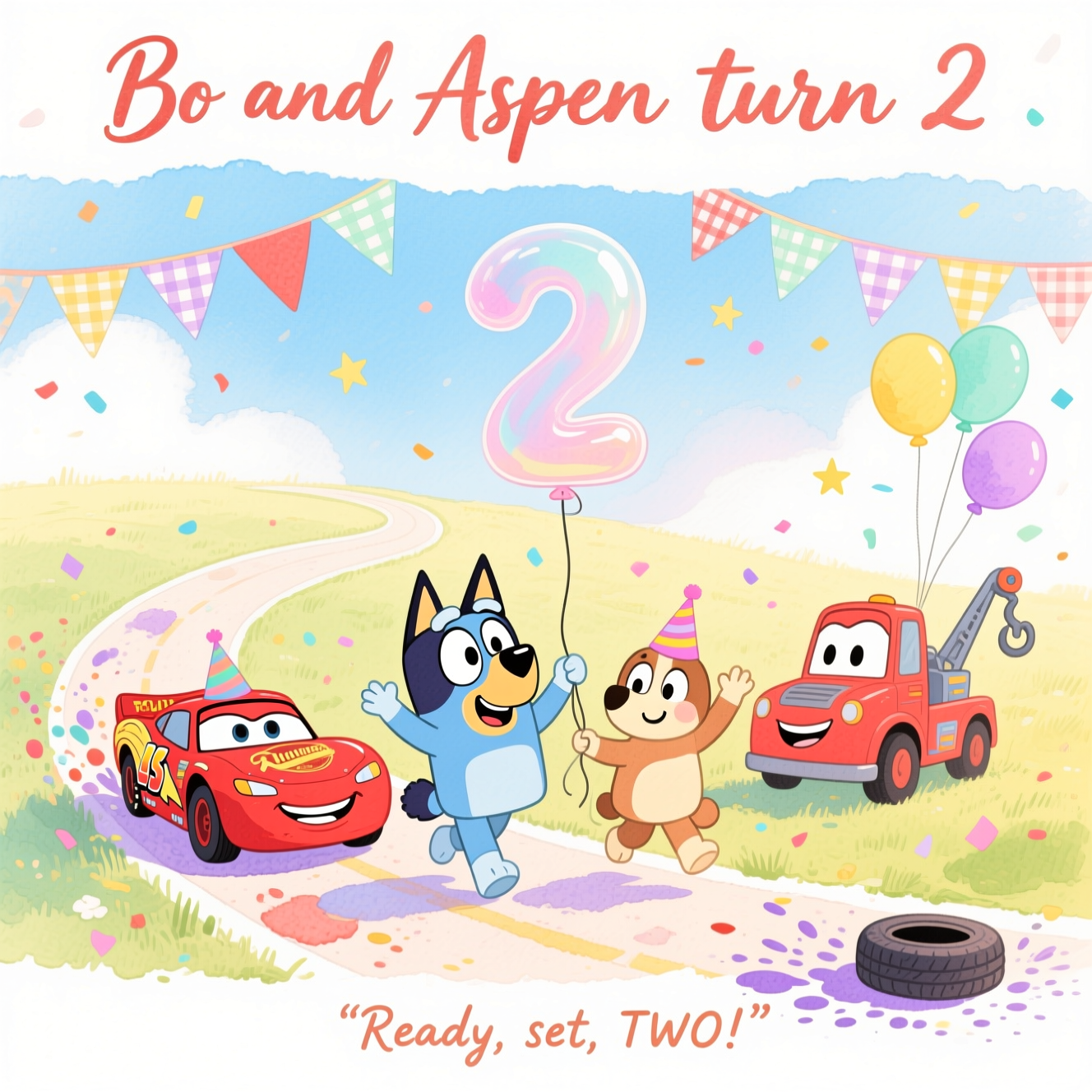 At the top of the Watercolor Style image, Bo and Aspen turn 2

A vertical, image-first, cute watercolor scene with soft washes, delicate gradients, pigment blooms, and natural cold-press paper texture. In a sunny pastel meadow that melts into a gentle racetrack, Bluey and Bingo (smiling, playful, wearing tiny pastel party hats) dance and wave, holding the string of a big translucent “2” balloon. Lightning McQueen (bright red, cheerful) swooshes along a soft, painterly track that curves in the shape of a “2,” leaving playful watercolor tire-splashes and confetti. Mater (friendly grin) lifts the balloon string with his tow hook, looking proudly at the celebration. Add pastel bunting with tiny checkered-flag triangles, a few airy balloons, and scattered star-shaped confetti, keeping lots of white space for an airy feel. Colors: sky blues, coral reds, lemon yellows, mint, and lavender, with soft edges, wet-on-wet blends, and subtle bloom textures around highlights. Hand-letter the header in playful watercolor brush script. Near the bottom, a small hand-painted swash with a tiny caption: “Ready, set, TWO!” and no other text. Bright, whimsical, cozy mood.
Generated with these themes: Bluey, Bingo, Lightening McQueen, Mater, and .
Made with ❤️ by AI.