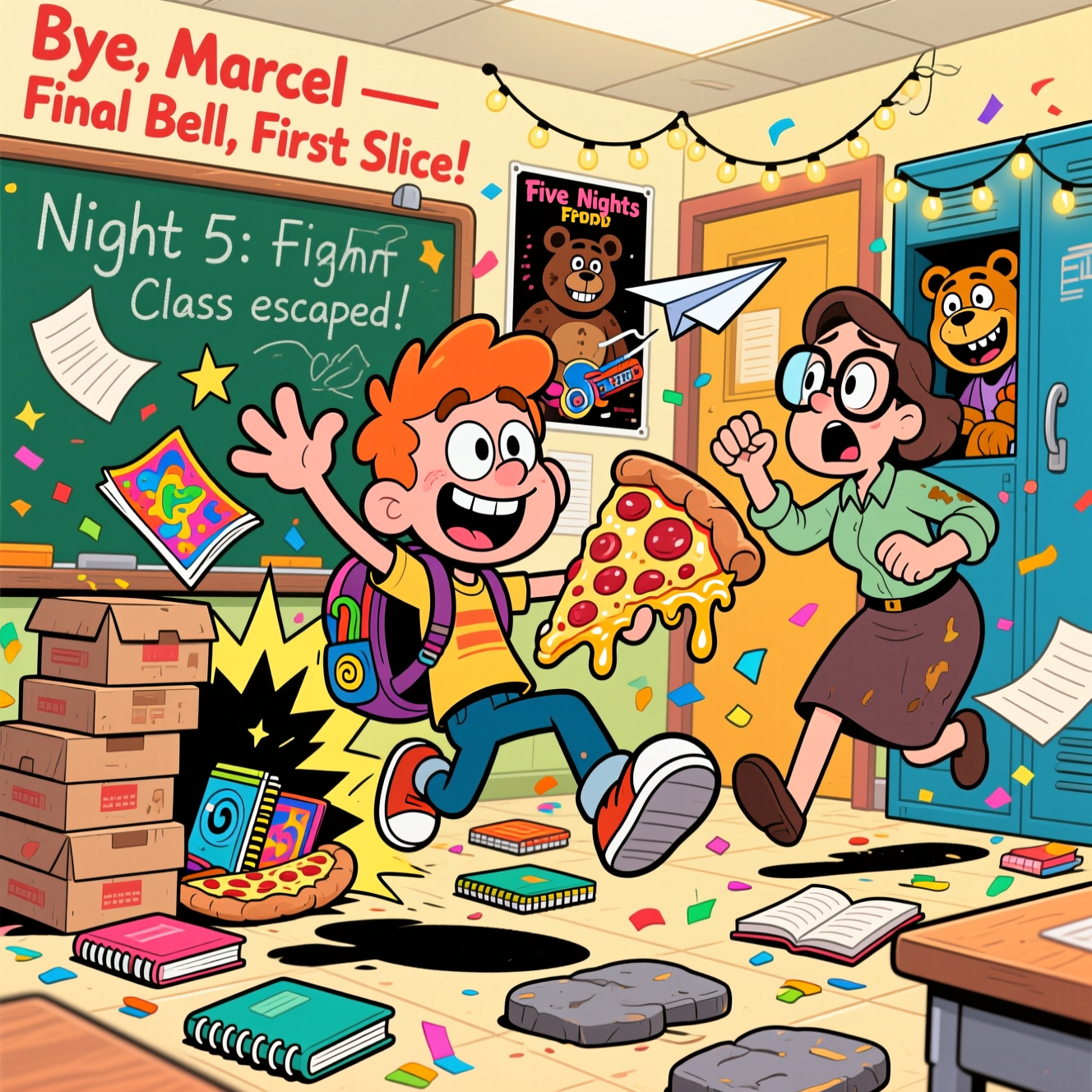 Annoying his teacher , Notebooks, Graphic novels, Five Nights at Freddie's , Pizza, and Farewell Card