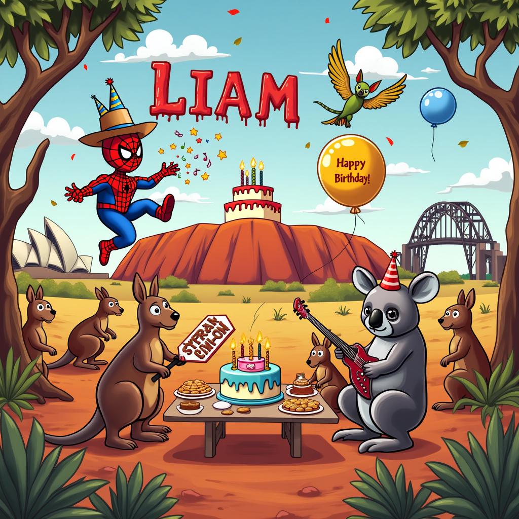 A bustling, humor-filled cartoon scene of a birthday party in the Australian Outback, where kangaroos wear party hats and a giant cake shaped like Uluru decorates the center. Spider Man, comically dressed in a cork hat, swings above as he slings streams of party streamers instead of webs. Liam's name is emblazoned across the sky in a Spider-Man-themed font, commandeered by a flock of parrots. Next to a boomerang-shaped table laden with party snacks, a koala is strumming an electric guitar, amplifier shaped like a cute wombat, with notes visually popping around it indicating the tune is 'Happy Birthday'. Oversized gum leaves double as festive banners bearing birthday messages, with 'Happy Birthday Liam' featured prominently on one, while in the background, Sydney Opera House and the Harbour Bridge are playfully illustrated as a bouncy castle and a balloon archway, respectively.
Generated with these themes: Spider Man, Australia, and Electric Guitar.
Made with ❤️ by AI.