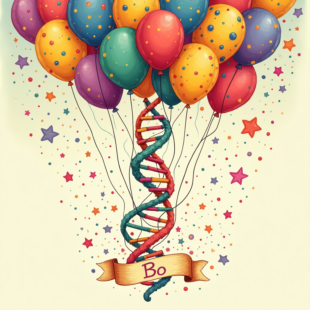 A colorful image of a DNA double helix intertwined with vibrant birthday balloons or confetti. Birthday Card