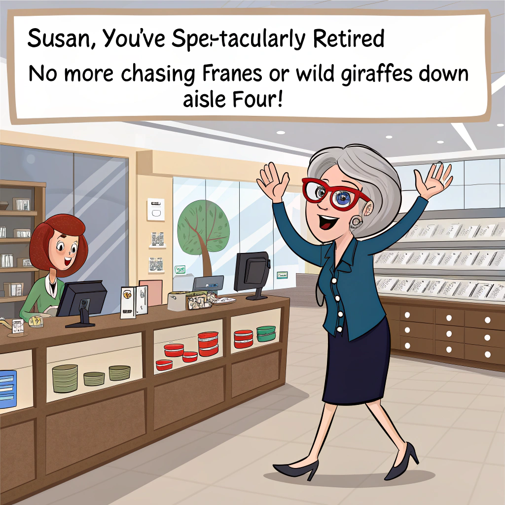 At the top of the image, "Susan, you've ‘spec’tacularly retired—no more chasing frames or wild giraffes down aisle four!"

- In the center of the image, depict a cartoon-style scene inside a Boots Opticians store, but chaos is afoot! 
- Susan, stylishly illustrated in her royal blue blouse, dark navy skirt, and red glasses, stands triumphantly at the counter, waving a coffee travel cup decorated with goofy giraffes. Her signature short grey bob haircut is neatly in place as she grins with retirement glee.
- A towering, overly dramatic giraffe is trying on reading glasses in the middle of the shop, clearly not fitting through the door properly.
- Meanwhile, the male manager, a tall, flustered blonde man in a blue shirt and quirky green glasses, is attempting to use a step stool to remove the giraffe from a rack of Ray-Bans.
- The female Chinese manager, in a sleek black suit with a blue shirt, holds a clipboard while shaking her head with a bemused expression, as though saying, “We need a bigger store… or fewer giraffes.”
- Splashes of bright orange—Susan's favorite color—highlight details like signs, spectacles, and the floor mat that cheekily reads “You won’t see us for a while!”

At the bottom of the image, "Enjoy your well-earned break, Susan! May your days be full of lattes and long-necked lunatics!"
Generated with these themes: Works in Boots Opticians, Giraffe , Opticial Assistant retiring, Favourite colour orange , Wears royal blue blouse, dark navy skirt, red glasses, grey short bob haircut, Holding a coffee travel cup that has giraffes on, Male manager blonde ,blue shirt wearing green glasses, and Female Chinese manager in black suit with blue shirt .
Made with ❤️ by AI.