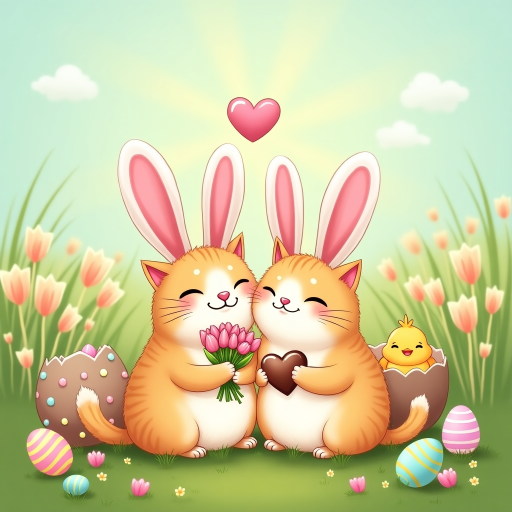 **Image Prompt:**  
At the top of the illustration image, include the line:  
**"Hoppy Easter, Mark – You're my favorite peep (with whiskers)!"**

Create a funny, romantic illustration in a cheerful and whimsical style:  
Two cats are snuggled up together in a lush, green spring meadow scattered with pastel-colored Easter eggs and candy. One cat is male and the other female, both clearly smitten — eyes half-lidded with adoration, tiny paws intertwined. Each is wearing oversized, floppy pink bunny ears that look hilariously too big for their heads.  

The male cat holds a small bouquet of tulips with one flower slightly nibbled on. The female cat leans in with a shy smile, holding a heart-shaped Easter chocolate. In the background, a cheeky chick is giggling while hiding behind a cracked egg shell shaped like a heart.  

Add romantic and comedic flourishes — a cartoon heart floating above the cats' heads with little Easter eggs orbiting it, and maybe a love letter peeking out from a decorated Easter basket nearby. Light sun rays stream down through a pastel sky, making the whole scene feel dreamy but delightfully absurd.
Generated with these themes: Put romantic message on it. Two cats in love wearing bunny ears for Easter. One cat is male, the other one is female. Show that these cats are really in love and romantic. Easter date. .
Made with ❤️ by AI.