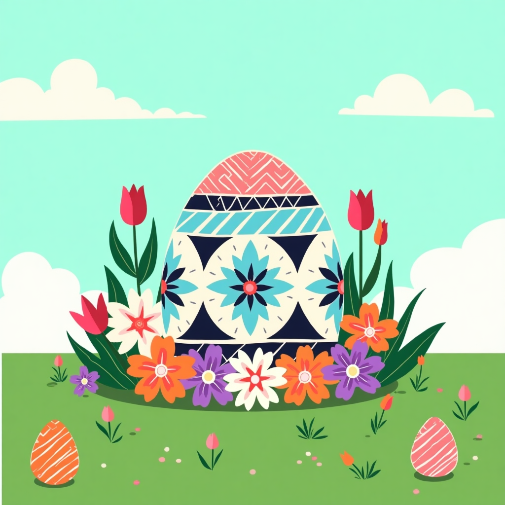 Front and center on the greeting card, envision a large, centrally placed Easter egg decorated with intricate, geometric patterns inspired by the angular precision of Patrick Seymour and the vibrant color palettes of Matt W. Moore. The egg features a fusion of pastel blues, pinks, and yellows with sharp contrasting lines of white and black to create a sense of depth and dimension. 

Around the base of the egg, a field of stylized, flat floral elements bursts forth, reminiscent of Malika Favre's use of bold shapes. The flowers are varied, incorporating tulips, daisies, and lilies with defined edges and solid colors, primarily in shades of pink, purple, and orange. Each flower features a crisp outline that makes them stand out against the green backdrop.

In the background, a flat sky in a gradient of light to darker turquoise stretches upward, providing a fresh springtime feel. Scattered throughout the sky are simple, white, cloud-like shapes inspired by Von Glitschka's playful style, serving as a stark contrast to the boldness of the central egg.

The ground is a flat expanse of vibrant green, lightly dotted with abstract leaf patterns in lighter green shades, creating a sense of depth without overwhelming detail. The leaves are rendered in a clean, minimal style, echoing Lisa Lopuck's knack for clarity and simplicity.

To add an extra layer of interest, hidden among the flowers and leaves are smaller Easter eggs, each with its own unique pattern in bright oranges, blues, and purples, much like the colorful creations of Geo Law.

Finally, at the top and bottom edges of the card, a thin, decorative border inspired by the intricate detailing of Cristiano Siqueira and Orlando Arocena frames the scene, providing a polished, cohesive look. The border is adorned with repeating patterns of simple geometric shapes in contrasting colors that echo the design motifs found on the central egg.

This illustration, with its combination of bold patterns, vibrant colors, and clean, flat shapes, captures the essence of springtime joy and Easter celebration.
Generated with these themes: Floral, Spring time, Easter eggs, and Bright colours.
Made with ❤️ by AI.