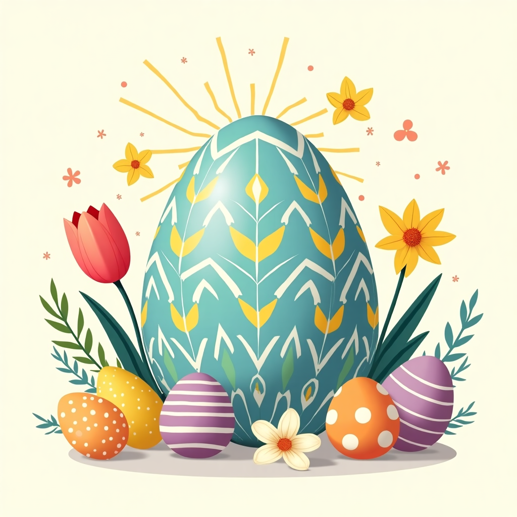 Front and center, a large, elegantly crafted Easter egg serves as the focal point. The egg is a beautiful robin's egg blue with intricate geometric patterns in bright yellows and crisp whites, reminiscent of Patrick Seymour's vector style. These patterns intertwine like a seamless mosaic, with sharp angles and smooth curves working in harmony.

Surrounding the egg is an array of stylized springtime florals, drawing inspiration from Malika Favre’s minimalist yet bold approach. Think tulips and daffodils with exaggerated, elongated petals in vivid shades of coral pink, lemon yellow, and vibrant purple. The leaves are a fresh, lively green with clean, smooth lines.

In the background, the scene is set against a pale cream backdrop to allow the colors of the foreground to pop. A collection of smaller Easter eggs, in varied colors like pastel pink, lavender, and mint green, are scattered artfully around the main egg, each adorned with simple, bold zigzag patterns or polka dots akin to Geo Law’s playful style.

Delicate sprigs of spring blossoms are interspersed with the eggs, adding texture and layering to the scene. The blossoms, inspired by Lisa Lopuck’s clean lines, feature simple circle shapes with dot centers, in shades of white and soft pink, reminiscent of cherry blossoms.

A gentle scattering of abstracted sunrays, much like those found in the works of Matt W. Moore, fan out from behind the central egg, created with lines and shapes in a gradient of golds and light oranges. This creates a subtle halo effect, drawing the eye towards the center while hinting at a sunny spring day.

The composition is carefully balanced, with each element distinctly separated yet harmoniously integrated, embodying the clarity and precision of Cristiano Siqueira’s design philosophy. The overall effect is crisp, clean, and vibrant—a celebration of springtime and Easter.
Generated with these themes: Floral, Spring time, Easter eggs, and Bright colours.
Made with ❤️ by AI.