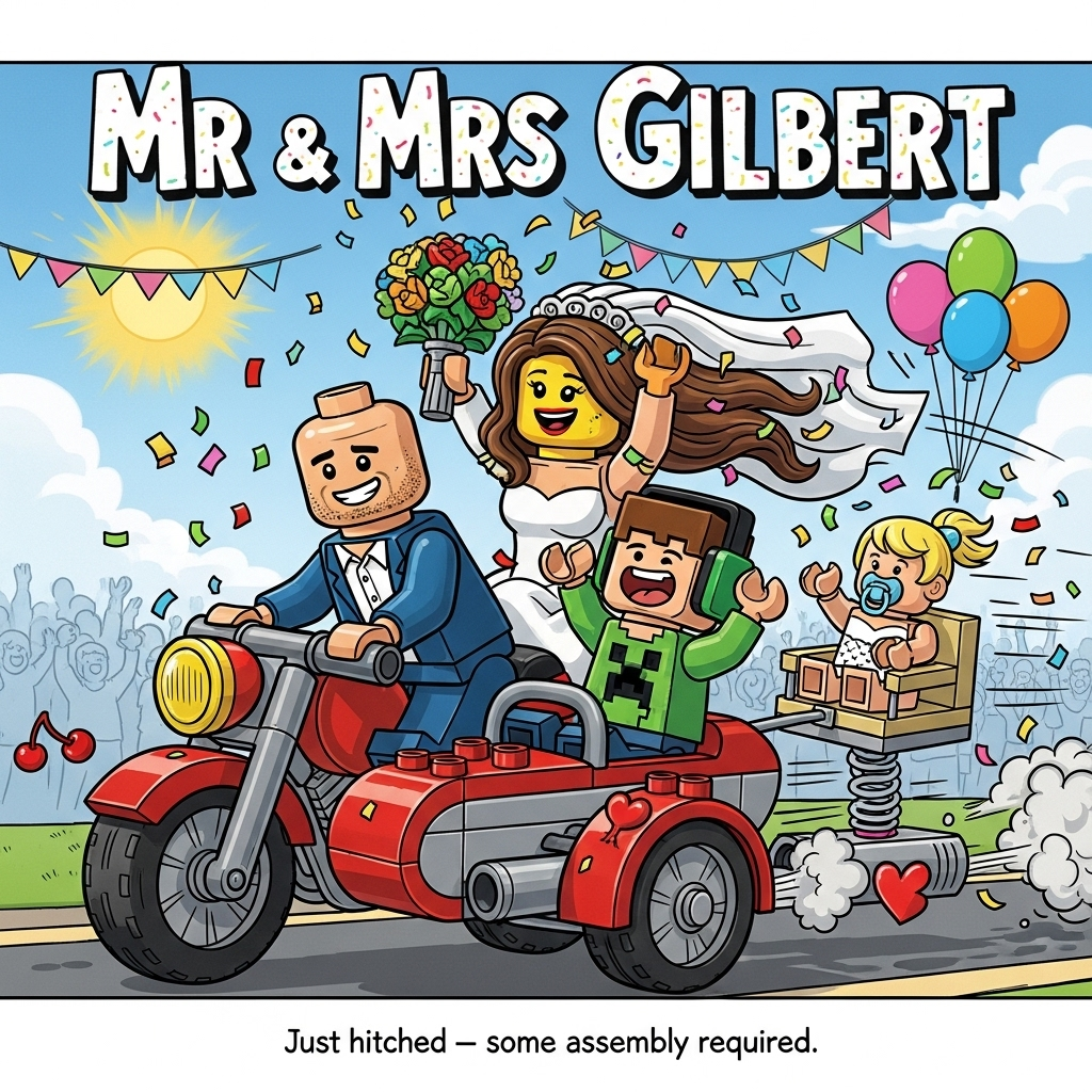Lego bride with long brown hair , Lego Groom bald with brown stubble sat on a motorbike, Lego boy with short brown hair wearing Minecraft headphones, Lego baby with blonde hair in a bouncy chair, Lego confetti, and Wedding Card