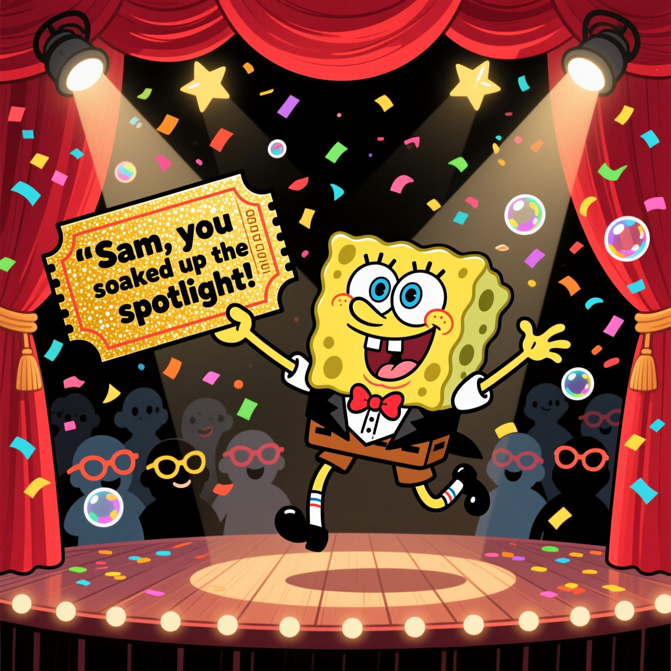 Sponge Bob , Theatre , Ticket for Sam, and Congratulations Card