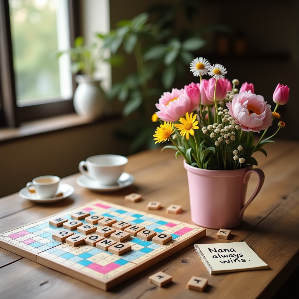 **Prompt:**  
At the top of the realistic photograph image, "Happy Mother’s Day Nana — You’ve Got All the Right Tiles!"

A funny, realistic photograph featuring a rustic wooden kitchen table scattered with Scrabble tiles. The word “MOTHERHOOD” is spelled proudly across the middle of the board in a high-scoring play. Nearby, a teacup has been replaced with a dainty pink flower pot overflowing with wildflowers — daisies, peonies, and tulips — bursting cheerfully over the board. A few rogue Scrabble tiles have spilled into the flowers, one stuck comically to a petal. A little handwritten notepad in the corner says, “Nana always wins.” Natural morning light filters in, creating cozy warmth. The entire scene has a joyful, cheeky vibe like someone paused mid-game to go make tea… and possibly never came back.
Generated with these themes: Flowers, and Scrabble.
Made with ❤️ by AI.