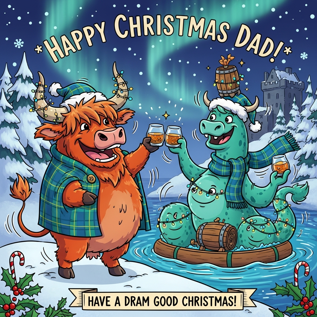At the top of the Cartoon Style image, Happy Christmas Dad!

Playful cartoon characters with exaggerated proportions, thick outlines, bright saturated colors, and whimsical, energetic poses. A snowy Scottish Highlands scene beside a shimmering loch at twilight. Center stage: a chunky, shaggy ginger Highland cow on its hind legs with a huge goofy grin, wearing a green-and-blue tartan blanket and a Santa hat, horns wrapped in twinkly fairy lights, hooves clasping a tiny Glencairn glass of amber Scotch whisky (no labels). From the loch, a friendly teal-green Nessie pops up in three cheerful humps, each draped with fairy lights; Nessie wears a matching green-and-blue tartan scarf and a bobbly Santa hat, balancing a second dram on her curled tail as they clink a toast. A small wooden whisky barrel bobs like a float between them with a festive tartan ribbon (no text). Background: snowy pines and a rugged stone castle silhouette; the aurora and stars glow in a deep blue sky; gentle snowflakes fall, some subtly thistle-shaped. Foreground sprinkles of holly and candy canes; playful motion lines and sparkles around the characters. Palette: saturated tartan greens and blues, warm amber highlights from the whisky, ginger fur, teal water and Nessie; bold black outlines with soft cel shading. Composition: large, lively characters filling the frame; top text arched in fun hand-lettering (white with a dark outline), integrated into the sky.

Add a small cheeky caption at the bottom on a ribbon banner that reads: Have a dram good Christmas!

Include only the following text: “Happy Christmas Dad!” and “Have a dram good Christmas!”. No other text, brands, or watermarks. Bright Cartoon Style, full-bleed, no borders, no photorealism.
Generated with these themes: Scotch Whisky, Green and blue tartan, Nessie, Highland cow, Scotland, and .
Made with ❤️ by AI.