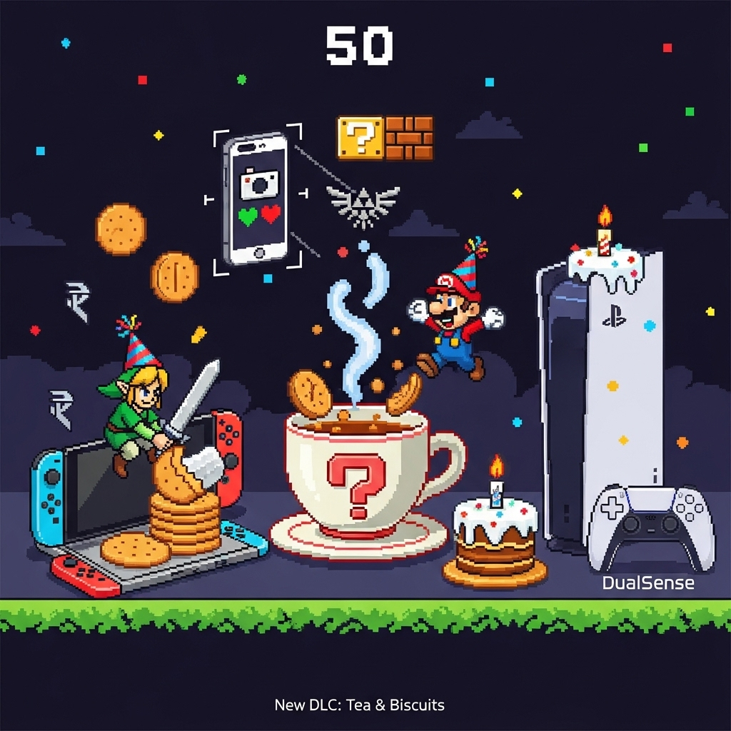 IPhone, PS5, Switch. Nintendo, Mario, Zelda, cup of tea, biscuits, and Birthday Card