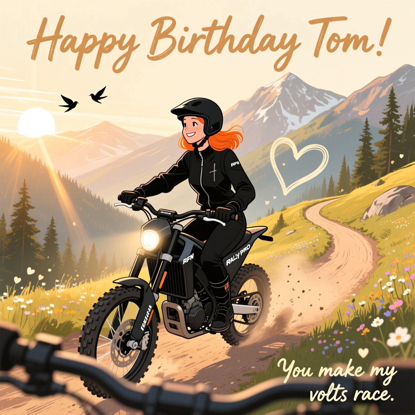 At the top of the Illustration Style image, “Happy Birthday Tom”

Hand-drawn illustration with fine linework, textured brush strokes, balanced composition, and a warm, expressive color palette. Golden-hour mountain trail scene: a romantic, adventurous moment. Foreground focus on a woman (the wife) with shoulder-length orange hair, wearing black incognito riding gear—matte-black jacket and pants, black gloves and boots, sleek black helmet with the tinted visor lifted to reveal a soft, playful smile. She rides an RFN Rally Pro electric dirt bike along a natural singletrack; the bike is detailed and accurate (sleek electric frame, subtle branding, LED headlight), knobby tires flicking a gentle arc of dust that curls into a faint heart shape behind her. She glances back over her shoulder as if to the viewer, sunlight rim-lighting her hair.

Wide, majestic mountains in the distance with pine forests and alpine wildflowers; warm sunbeams, soft atmospheric haze, and painterly textures. The trail creates an S-curve leading the eye through the composition; a hint of the viewer’s handlebars blurred in the lower foreground suggests riding just behind her. Add delicate ink outlines, paper grain, and expressive brushwork. Sprinkle subtle romantic accents: tiny heart-shaped motes in the dust, two small birds loosely forming a heart in the sky.

Typography: the top title “Happy Birthday Tom” is hand-lettered in a warm cream brush script, gently arcing over the peaks and harmonizing with the scene.

At the bottom right, in small playful hand-lettering, add: “You make my volts race.”
Generated with these themes: RFN Rally Pro electric dirt bike, Wife, shoulder length orange hair, Wearing black incognito, Riding natural trails, Mountains, and .
Made with ❤️ by AI.