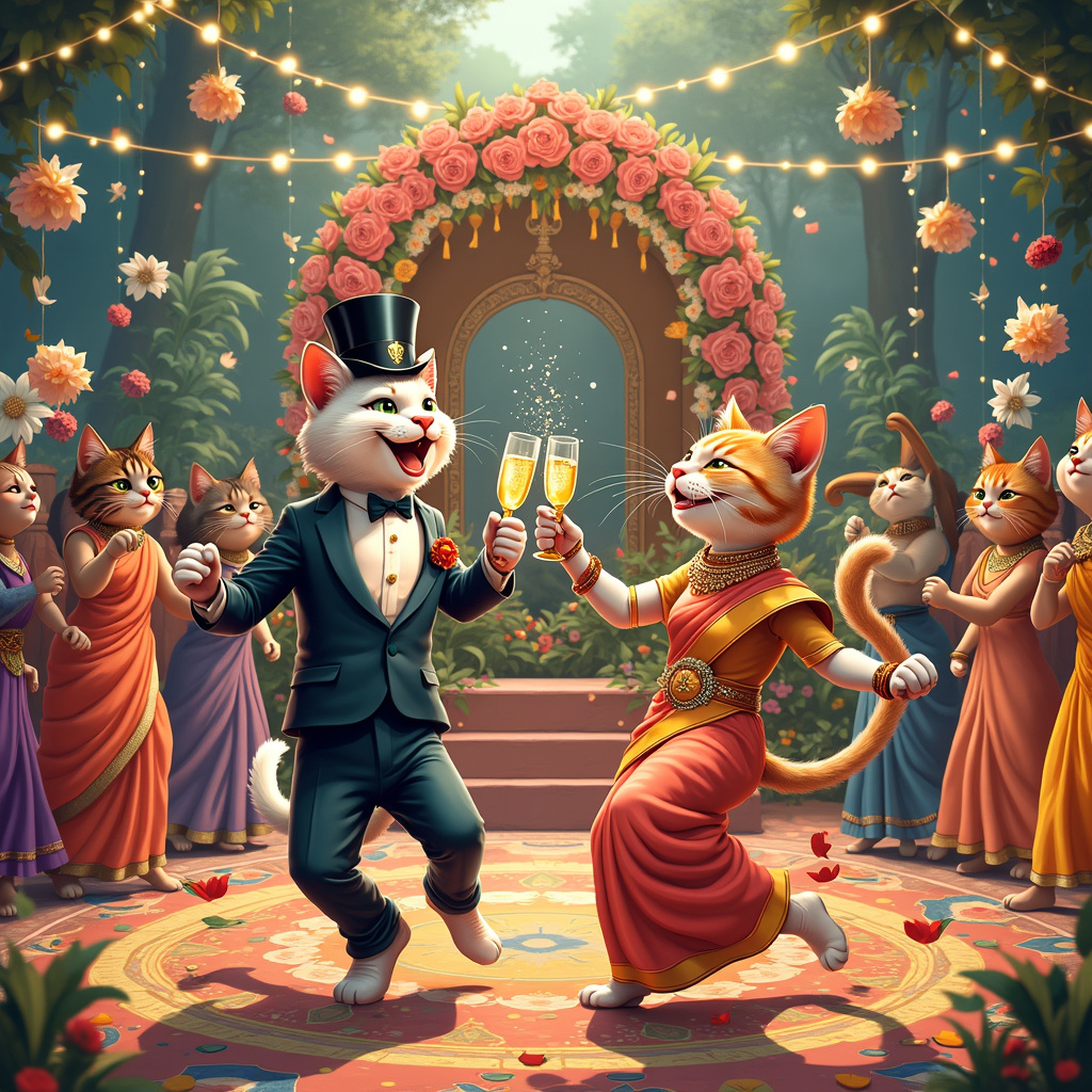 In the bustling, colorful setting of a grand Bollywood wedding, our scene captures an exuberant moment where cats and humans alike are swept up in a joyous celebration. At the center, a tuxedo-clad cat and a regal, sari-wearing cat dance energetically on a stage adorned with garlands of marigolds and roses, their tails entwined in a graceful dip. Around them, human wedding guests clad in vibrant, glittering Bollywood attire—complete with sequined saris, sherwanis, and elaborate jewelry—join in the merriment, performing lively dance moves. The floor is a rainbow mosaic of traditional Indian patterns.

To the left, a tuxedoed Johnny Walker mascot—depicted as a charismatic cat with a top hat and monocle—pops open a bottle of champagne, sending a sparkling cascade of bubbles into the air. A cluster of cartoon champagne flutes hover magically mid-air, clinking together in celebration.

In the background, a grand floral arch serves as the wedding altar, lush with roses, lilies, and peonies. A classic, open-air Bollywood-style rickshaw, painted in vibrant hues and adorned with strings of flowers, waits as the getaway vehicle for the bride and groom—two elegantly dressed cats whose faces light up with love and gratitude.

On the right, a cluster of dancing cats—one with a Calvin and Hobbes-like mischief in its eyes, another channeling the spirit of Charles Schulz's Snoopy with a joyful wiggle—add a layer of whimsical charm. Further back, a soft-lit string of fairy lights creates an intimate glow, while a small group of musicians—comprising a sitar, tabla, and harmonium—play traditional melodies that sweep across the scene.

In one corner, a tuxedoed cat reminiscent of Gary Larson's dry wit holds a sign reading, "Purrfect Thanks!" in bold, cartoonish letters. This sign is festooned with small, twinkling lights and floral accents.

Overall, every element is a loving, detailed nod to the exuberant and eclectic spirit of Bollywood, the elegance of a wedding, and the whimsical charm of cats—each aspect intricately woven together in a lively tableau of celebration and gratitude.
Generated with these themes: Bollywood, Cats, Dance, Champagne, Wedding, Johnny Walker, and Flowers.
Made with ❤️ by AI.