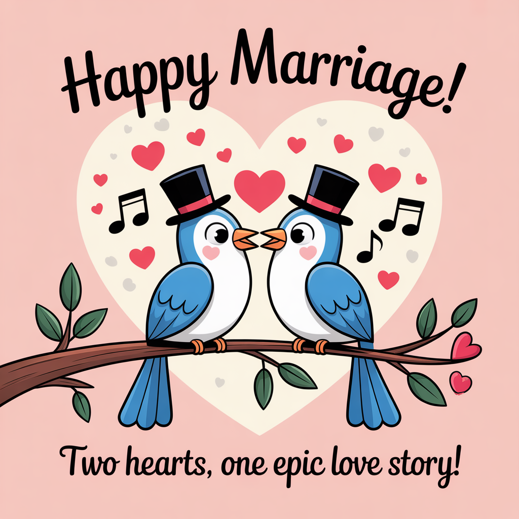 At the top of the image, "Happy Marriage!" 

Add at the bottom of the image, "Two hearts, one epic love story!"

- In the center of the image, create a whimsical scene with a pair of charming cartoon lovebirds perched on a branch, each wearing tiny top hats. They're surrounded by floating hearts and musical notes, as if serenading each other, set against a backdrop of a heart-shaped full moon.
Generated with these themes: Romance, and .
Made with ❤️ by AI.