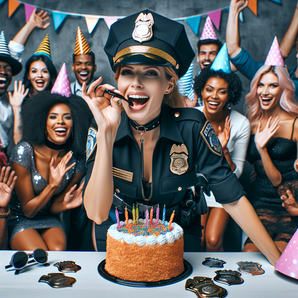 Generate a lively birthday scene depicting a Caucasian female police officer cheerfully blowing a party whistle with one hand and balancing a giant birthday cake in the other. She is surrounded by excited party-goers of various descents including Black, Hispanic, Middle-Eastern, and South-Asian, all dressed in vibrant attire. A twist to the party theme can be seen in the eclectic police-themed party hats adorned by everyone. The merrymaking is amplified by playful decorations such as shiny badges and flashing sirens, contributing to a festive and captivating crime-free celebration.
Generated with these themes: Police .
Made with ❤️ by AI.