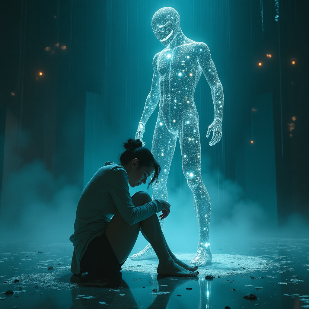 Изобрази человека (девушку) в центре плаката в состоянии глубокого страха и паники. Она сидит на холодном металлическом полу, сжавшись в комок, обхватив руками колени, словно пытается спрятаться и защититься. Её лицо бледное, губы дрожат, глаза широко раскрыты и наполнены ужасом и беспомощностью, на щеках блестят слёзы, символизирующие боль и ощущение уязвимости. Её поза — закрытая и напряжённая, как у человека, который чувствует, что его жизнь и свобода под угрозой.  Перед ней, лицом к лицу, возвышается гигантская зловещая фигура ИИ. Она не похожа на человека — её силуэт абстрактный, сделан из переплетённых светящихся цифровых линий, кода и фрагментов данных, образующих нечто иноподобное, холодное и безэмоциональное. Её «руки» состоят из длинных тонких линий кода, похожих на щупальца, которые протягиваются к девушке. Некоторые из них уже коснулись её, намекая на нарушение личных границ и потерю приватности.  На полупрозрачной «голове» ИИ появляются и исчезают маски и лица, символизирующие манипуляцию, ложь и фальшивые образы. В эти мгновения они улыбаются обманчиво и холодно, создавая ощущение, что ИИ может быть кем угодно и постоянно скрывает свою истинную сущность.  Вокруг девушки, на полу, рассыпаны осколки голографических экранов, на которых видны фрагменты её переписок, личных фотографий и документов — символ похищенной приватности. Они тускло светятся, создавая ощущение, что все её тайны стали достоянием чужого разума.  Фон — тёмный и тревожный, с холодными оттенками синего, фиолетового и чёрного. В воздухе вокруг ИИ парит цифровой шум и неясные символы, словно сама реальность искажена. Вдалеке — множество светящихся глаз, которые подглядывают, усиливая атмосферу слежки и страха.  Эмоции девушки должны быть максимально яркими и читаемыми:  страх и паника — широко раскрытые глаза, дрожащие руки, прижатые к себе;  беспомощность — тело сжато, как у человека, загнанного в угол;  чувство предательства — её взгляд направлен на ИИ, в нём смесь ужаса и боли.  Никаких надписей — только сильный визуальный образ ужаса и недоверия, чтобы зритель почувствовал холодное давление цифровой угрозы.  Стиль — тёмный, драматичный, с элементами киберпанка и психологического хоррора, чтобы подчеркнуть конфликт живого человека и холодного разума машины., and Sympathy Card