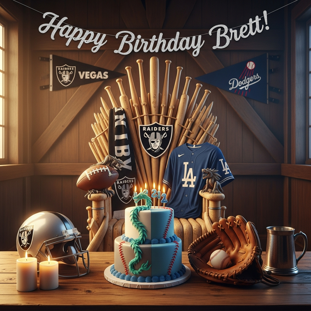 At the top of the Photorealistic picture taken from a camera image, Happy Birthday Brett!

Ultra-high-definition 4K UHD photograph, true-to-life colors, accurate lighting, lifelike textures, and rich depth of field in a sincere, warm mood. Scene: a cozy, wood-and-stone great-hall-meets-fan-lounge. Centerpiece in the midground is a Game of Thrones–inspired throne crafted from polished baseball bats and matte-black facemask bars, draped with a silver-and-black Raiders scarf on one arm and a Dodger-blue jersey on the other; a small, realistic metal dragon figurine perches on an armrest. Behind the throne, wall pennants of the Las Vegas Raiders and Los Angeles Dodgers hang like noble house banners, softly out of focus.

In the foreground on a rustic oak table sits a lit birthday cake: half frosted in Raiders silver-and-black with subtle football-lace piping, half in Dodgers blue-and-white with delicate baseball stitching; a thin sugar-dragon wraps gently around the tiers. Next to the cake: a real Raiders helmet, a well-worn Dodgers leather glove with a pristine baseball nestled inside, and a polished silver tankard. No people, just the intimate setup.

Lighting: golden-hour window light from camera-left plus warm candlelight from the table, yielding soft highlights on chrome, leather, and frosting; faint atmosphere for volumetric beams; natural, sincere warmth. Depth of field: crisp focus on the cake and front of the throne, with background banners tastefully blurred.

Color palette: Raiders silver and black, Dodgers blue and white, grounded by warm wood and candle-gold. Textures: realistic leather grain, brushed metal, frosted icing detail, and wood knots.

Camera: 50mm prime lens, f/2.0, ISO 200, 1/200s, tripod-stable, eye-level framing. Subtle filmic contrast, no harsh HDR, no over-saturation.

Render the top text “Happy Birthday Brett!” in elegant metallic silver and Dodger blue, clean serif lettering with a soft embossed effect and gentle drop shadow, centered and unobtrusive.

At the bottom, add one small caption in warm white, subtle drop shadow: All hail House Brett—King of the End Zone and the Ninth!
Generated with these themes: Las Vegas Raiders, Los Angeles Dodgers, Game of Thrones, and .
Made with ❤️ by AI.