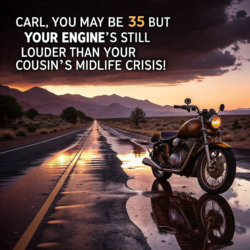 At the top of the image, "Carl, you may be 35 – but your engine’s still louder than your cousin’s midlife crisis!"

Image Description (realistic photograph style):  
The setting is a dusky, moody desert road just after rain – soft, diffused twilight light reflecting off puddles and chrome. In the foreground, a lone vintage café racer motorcycle leans on its kickstand, helmet hanging from one handlebar. Next to it sits a thoughtful golden retriever, wearing racing goggles, staring into the distance like it understands the weight of turning 35.  
In the background, two muscle cars – one clearly a classic Dodge Charger, the other a beat-up Toyota Celica – are parked unevenly under the ghostly neon glow of an abandoned gas station. A worn-out birthday balloon (just one) drifts slowly in the breeze, tied loosely to a road sign that reads: “Cousin Showdown - Next 1 Mile.”  
The whole scene evokes solemn nostalgia and mid-life reflection with a whisper of engine grease and dog breath.
Generated with these themes: Dog, Motorcycle, Cars, Racing, 35, and Cousin.
Made with ❤️ by AI.