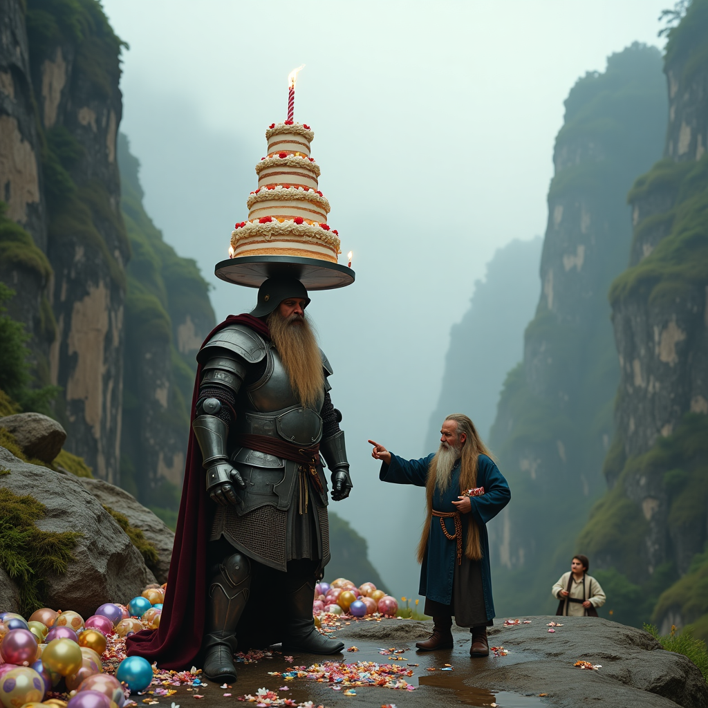 Here’s your carefully crafted image prompt:

---

**At the top of the realistic photograph image, write:**  
_"Happy Birthday, Leon – You’ll Have to Toss Me Some Cake!"_

**Image description prompt:**  
Create a hyper-realistic, funny photograph capturing a hilarious scene set in a misty, epic mountain pass reminiscent of Lord of the Rings. Gimli, the stout dwarf warrior, stands in full armor, holding an absurdly giant, multi-tiered birthday cake balanced precariously on his helmet. Gandalf, robed and wise-looking but smirking mischievously, stands nearby pointing dramatically, as if instructing someone to literally toss the cake over a gap. The backdrop should look like a craggy Middle-earth cliffside, with scattered balloons and festive banners draped between jagged rocks. Make Gimli’s beard comically tangled up with colorful birthday streamers. Add subtle details like a small hobbit sneaking a cupcake in the background for extra humor. The atmosphere should feel grand, magical, and delightfully ridiculous.

--- 

Would you like a few more alternate versions just as a bonus? 🎨
Generated with these themes: Gimli, lord of the rings , quotes from the movies adapted, gandalf, you’ll have to toss me.
Made with ❤️ by AI.