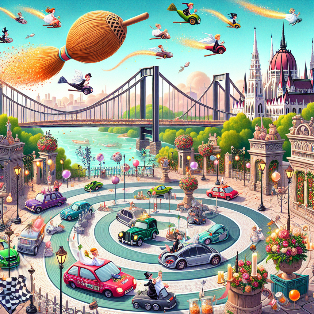 The cartoon depiction teems with playful charm and whimsical tenor set against the idyllic backdrop of a city akin to Budapest. The lively highlight is an enchanting miniature car race track snaking around the venue, wherein animated couples, donned in bridal attire, energetically zoom past in their pint-sized cars. To add a more fantastical touch, image broom-like devices soaring in the sky, serving as unconventional wedding transport. Elements evocative of magical realms pervade the décor, such as floating ball-shaped centrepieces and miniature jar favors. Furthering the amusement is the unexpected sight of a wedding cake fashioned after a rugby ball, which crowns a stand representing a renowned suspension bridge.
Generated with these themes: formula 1, budapest, rugby, harry potter.
Made with ❤️ by AI.