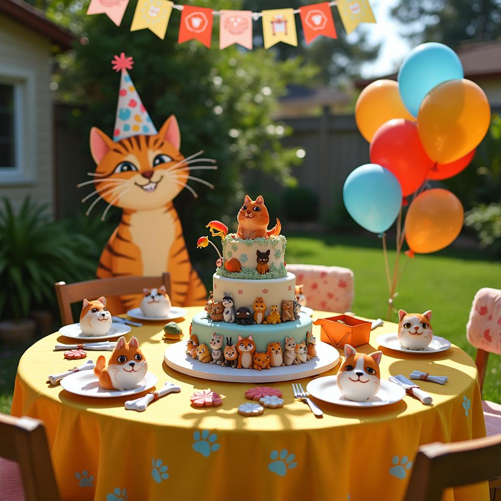 A bustling birthday celebration unfolds in a sunlit backyard, where a life-sized cutout of a grinning tabby cat wearing a festive party hat marks the start of a whimsical, pet-themed party. Center stage is a large, circular table draped in a bright yellow tablecloth adorned with cartoonish paw prints and fishbone patterns. Atop the table sits a triple-tiered birthday cake, the fondant creatively sculpted to resemble a variety of pets snuggled together, with a tabby cat figurine playfully batting at a goldfish on the topmost tier. Surrounding the cake, pet-shaped cookies frolic amidst a fleet of balloons filled with helium, resembling floating hamsters, turtles, and birds. Paper plates decorated with cartoon cats and dogs coincide with napkins rolled into the shape of bones, held together by tiny, ribbon-tied collars. Each chair has a plush pet cushion, inviting guests to take a seat, and hanging above is a banner of interlocking paw prints and whiskered faces that sways gently in the breeze.
Generated with these themes: Cat and pets .
Made with ❤️ by AI.