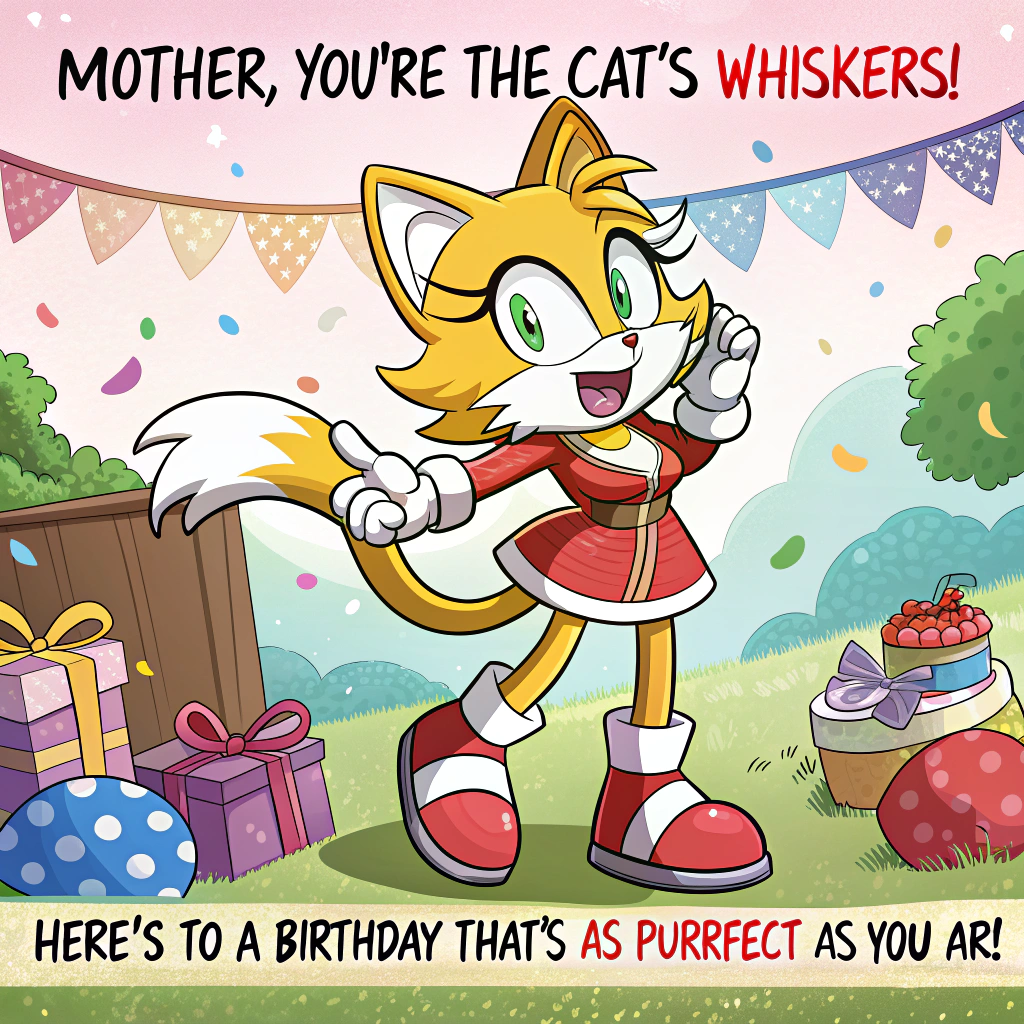 At the top of the image, "Mother, you're the cat's whiskers!":

At the bottom of the image, "Here's to a birthday that's as purrfect as you are!"

- Illustrate a vibrant cartoon scene featuring Honey the Cat, styled in her signature attire from the Sonic the Hedgehog universe, energetically posing with her trademark flair. Surround her with playful, colorful birthday decorations and presents, capturing the whimsical charm of the occasion.
Generated with these themes: Honey the Cat (Character from Sonic the Hedgehog Franchise), and .
Made with ❤️ by AI.