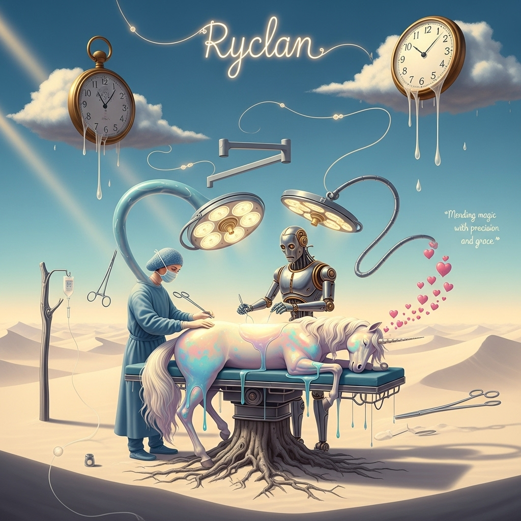 At the top of the Surreal Style image, display the word **Ryclan** in delicate, glowing cursive letters, as if formed from drifting surgical sutures of soft golden light.  

In a dreamlike, Dali-inspired operating theatre floating in a vast desert of ivory sand, a serene surgeon with elongated, liquid-like arms works side by side with a chrome-and-brass humanoid robot. They stand over a slumbering unicorn whose pearlescent body melts into pools of pastel colour, its horn spiralling into a floating constellation of tiny beating hearts. Surgical instruments hover mid-air, bending in impossible curves, while giant pocket watches drip from ethereal clouds above. The operating table appears to grow out of the sand like a petrified tree root. Light beams filter through the scene as if refracted through water, bathing everything in a soft, almost holy glow — a surreal tribute to compassion, care, and connection across worlds. In the corner, in small whimsical script, the words: *"Mending magic with precision and grace"*
Generated with these themes: Surgeon and a Robot , Surgery on a unicorn, and .
Made with ❤️ by AI.