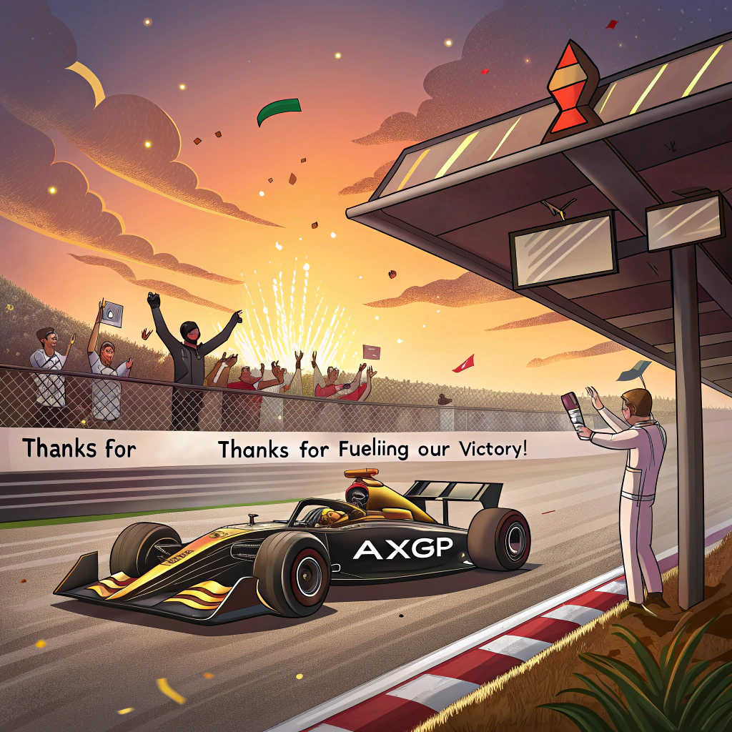 At the top of the image, "They said thanks like a gentleman… so we won like absolute legends!"

– Depict a vibrant cartoon sunset over a racetrack, with the APXGP team's sleek black and gold Formula 1 car dramatically crossing the finish line. The car's driver, arms up in victory, has confetti and flying thank-you notes bursting from the exhaust pipe instead of smoke.

– Team members in pit lane cheer wildly, holding hilarious “Thanks for fueling our victory!” signs.

– In the background, a rival team car trails far behind, the driver comically peeking out with binoculars trying to spot the APXGP.

At the bottom of the image, add:  
"You're the turbo boost behind our win—Thanks for everything!"
Generated with these themes: the F1 Grand Prix is won at sunset by the APXGP team with a black and gold F1 car.
Made with ❤️ by AI.