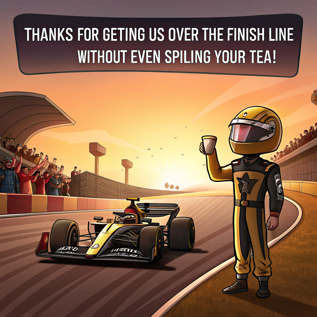 At the top of the image, "Thanks for getting us over the finish line—without even spilling your tea!"

- In the center of the image, illustrate a comical sunset-lit Formula 1 Grand Prix victory scene, where the APXGP team’s sleek black and gold F1 car crosses the finish line in first place.
- The driver (a chipper cartoon version wearing a ridiculously oversized gold helmet and a tea-stained fire suit) holds up a giant thank-you card instead of a trophy.
- Behind the car, pit crew members are cheering and one is spraying champagne directly into a teammate’s face (who's still holding a donut).
- A big sign reads “Thanks to You, We Lap the Competition!”
- The scene should be full of exaggerated speed lines, triumphant sunset colors, and over-the-top facial expressions—classic cartoon flair.
- Optional little touches: confetti cannons misfiring, one tire still rolling across the track, a small duck in a racing suit watching from the sidelines with binoculars.
Generated with these themes: the F1 Grand Prix is won at sunset by the APXGP team with a black and gold F1 car.
Made with ❤️ by AI.