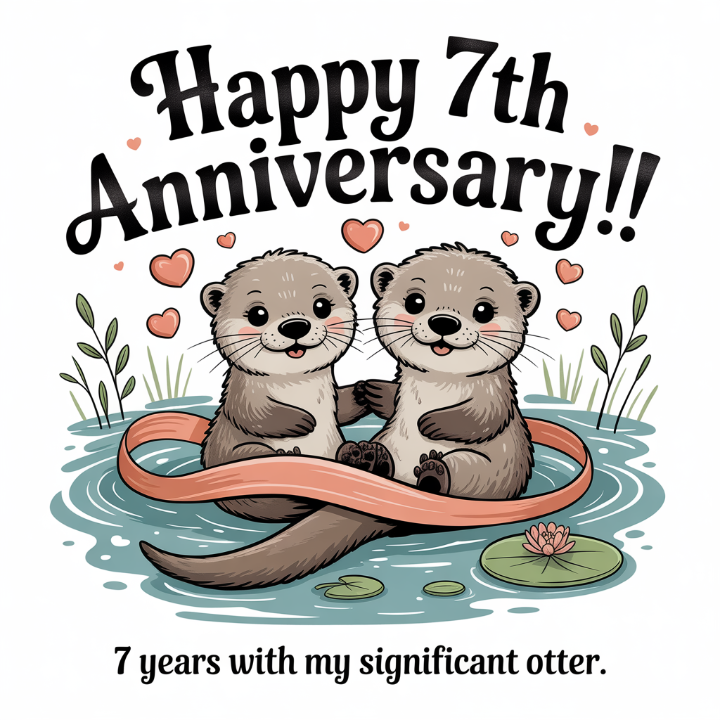 At the top of the Illustration Style image, "Happy 7th Anniversary!!"
At the bottom of the image, "7 years with my significant otter."

- In the center, depict two adorable otters floating paw-in-paw on a calm pond, their curved tails and a flowing ribbon subtly forming the shape of a 7.
- Hand-drawn illustration with fine linework and textured brush strokes; soft paper-grain visible.
- Warm, expressive palette: honey browns, peachy blush, coral hearts, and sunlit teal water with gentle ripples.
- Add seven tiny heart-shaped bubbles and a few lily pads with little blossoms; delicate leafy sprigs frame the scene for a balanced composition.
- Cute expressions with rosy cheeks and sparkling eyes; dappled golden light for a cozy, romantic glow.
- Headline hand-lettered in a large, playful script with textured ink; punchline smaller, cheeky, and centered below to let the text steal the show.
Generated with these themes: .
Made with ❤️ by AI.