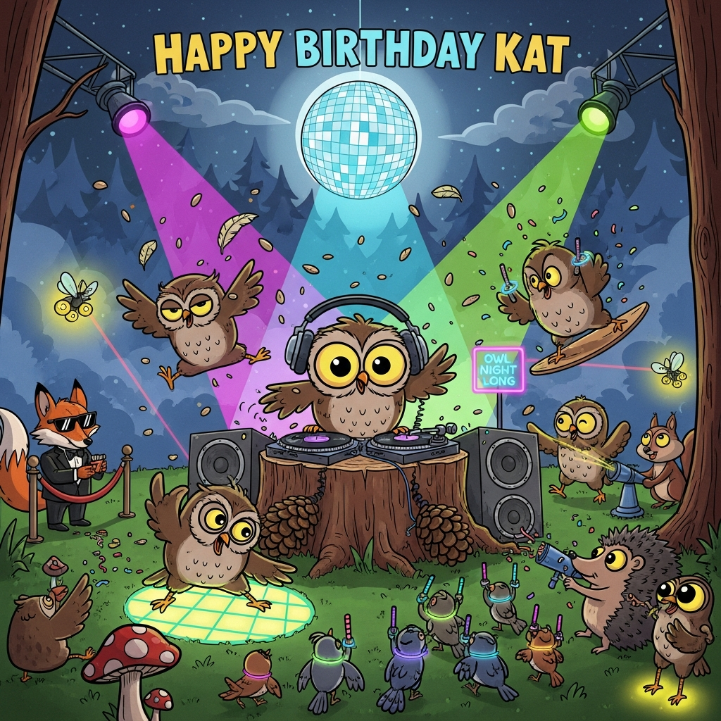 At the top of the Cartoon Style image, "Happy Birthday Kat"

Playful, funny cartoon night-time forest rave bursting with color and energy. The moon is a glittering disco ball, casting neon magenta, cyan, and lime beams through misty trees. Center stage: an enormous-eyed DJ owl in oversized headphones, bobbing behind a tree-stump turntable with pinecone subwoofers. Around the deck, chunky, round owls with thick black outlines and exaggerated features go wild—one doing the worm across a glowing mushroom dancefloor, one breakdancing on its back, another crowd-surfing on a flock of tiny songbirds wearing glowstick bracelets. Other wildlife join the party: a fox bouncer in shades at a velvet rope, squirrels working a laser rig, a hedgehog firing a confetti cannon, and fireflies acting as spotlights. Seed-snack confetti, feathers poofing, and goofy hooting faces heighten the comedy. Include a small neon sign near the DJ that reads: "Owl night long!" Big, bold shapes, thick outlines, bright saturated colors, and whimsical, energetic poses throughout. Wide, slightly low-angle composition for extra drama, with sparkles and motion lines to sell the rave vibe. Render the “Happy Birthday Kat” text as big, bubbly, glowing letters that harmonize with the neon palette.
Generated with these themes: Birds and wildlife, Raving, Owls, and .
Made with ❤️ by AI.
