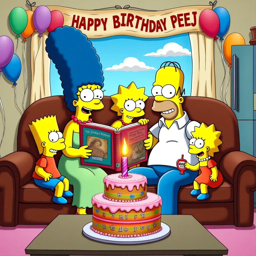 In this vibrant, cartoon-style scene, the Simpson family is cozily gathered on their iconic brown living room sofa. Marge, with her signature blue beehive hairdo, is at the center, holding a large book titled "HALF ACQUAINTED," which has a quirky, mismatched cover reminiscent of a Charles Schulz illustration, blending gentle humor with heartfelt simplicity. The book is oversized, humorously dwarfing Maggie, who sits perched on Marge's lap, her pacifier bobbing as she gazes curiously at the pages. Homer, casually lounging with his arms stretched behind the sofa, has an amused, somewhat dazed expression, as if he's not entirely following the book's storyline. 

Bart, with his mischievous grin, is leaning over the back of the sofa, attempting to secretly place a "kick me" sign on the back of Lisa's head. Lisa, ever the intellectual, is absorbed in the book, her curiosity piqued by the strange title. In front of the sofa, a coffee table is laden with a large, elaborately decorated birthday cake. The cake is vibrant with layers of rainbow colors, each layer depicting a different Simpson family adventure, and atop it is a gleaming candle in the shape of "Peej" spelled out in frosting. This eye-catching centerpiece takes inspiration from Walt Disney's magical whimsy, with playful, exaggerated details that almost make it appear animated.

Above the scene, the room's typical cartoon-style ceiling is adorned with balloons and streamers, among which floats a "HAPPY BIRTHDAY PEEJ" banner. The banner is cleverly designed, each letter formed by clouds in a dreamy, Winsor McCay-inspired style, giving the illusion of drifting across a sunny, animated sky. Around the room, little nods to Peej are cleverly hidden, such as a small drawing of Peej's caricature stuck to the fridge in the background, adding a personal touch to the lively chaos.
Generated with these themes: Marge, Homer, Bart, Lisa and Maggie Simpson on the sofa reading a book called HALF ACQUAINTED with birthday cake HAPPY BIRTHDAY PEEJ.
Made with ❤️ by AI.