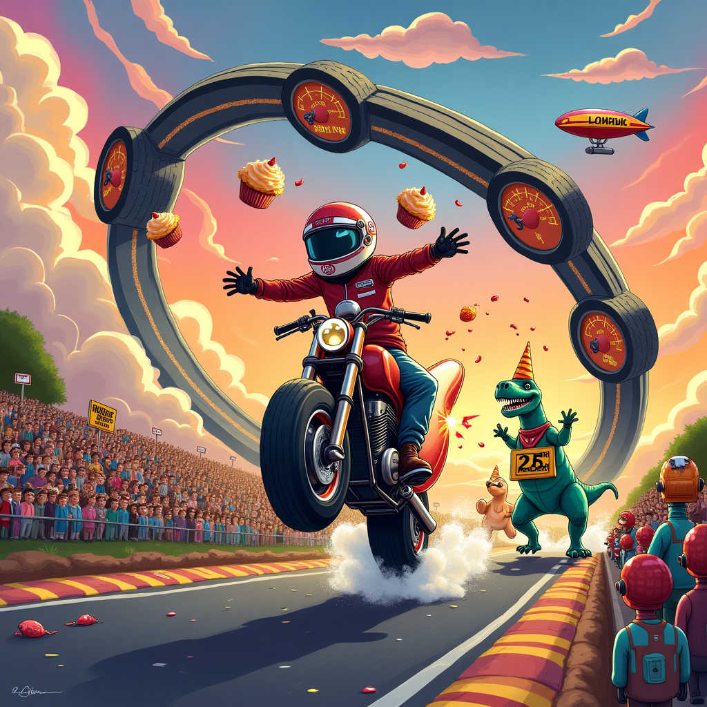 **Prompt:**  
*At the top of the cartoon image: “Happy 35th Lap Around the Sun, Carl — Keep Burning Rubber, Cousin!”*  

A surreal cartoon racetrack that loops and twists impossibly through clouds shaped like tires and speedometers, with vibrant colors and a dreamlike sky of orange and purple swirls. Carl, a racing helmet-wearing cartoon character, is mid-wheelie on a flying motorcycle that morphs into a hot dog at the tailpipe. Behind him, a sentient muscle car with big eyes and a birthday hat growls playfully while juggling 35 flaming cupcakes instead of tires. In the crowd, cheering dinosaurs and moonwalking pit-crew robots throw confetti made of glittering road signs. A blimp above floats by displaying “35 MPH? Pfft. More like 135!” while flamingos on scooters hand out balloons shaped like spark plugs.
Generated with these themes: Car, Motorcycle, Racing, 35, and Cousin.
Made with ❤️ by AI.