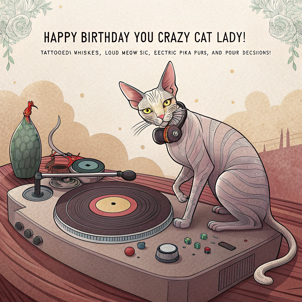 At the top of the Surreal Style image, "Happy birthday you crazy cat lady!"

At the bottom of the image, "Tattooed whiskers, loud meow-sic, electric pika-purrs, and pour decisions!"

- Centerpiece: A colossal sphynx cat DJ perched on a melting vinyl record turntable island; the record droops like Dali’s clocks, its grooves stretching into long, twitching whiskers.
- The cat’s skin is a living tattoo sleeve: bold flash art of Pokéballs, treble clefs, guitars, wine grapes, corks, and tiny prancing cats; its tail morphs into a buzzing tattoo machine that scribes glowing staff lines into the air—each note blossoms into a dozy kitten.
- Surreal terrain: Velvet dunes of Bordeaux wine flow upward, defying gravity; cat-faced goblets levitate to catch ruby streams pouring skyward from a fish-shaped bottle.
- Sky: A lavender–turquoise gradient with a giant Pokéball moon; a zigzag constellation shaped like Pikachu’s lightning-bolt tail crackles in electric yellow, casting whimsical feline shadows.
- Music everywhere: Bending piano-key bridges arc across the scene; droopy metronomes with whiskers sway; kittens in oversized headphones tap paws to the beat; fishbone guitar picks drift like leaves.
- Lighting and palette: Ethereal glow, long dreamlike shadows, glossy reflections in the wine; ink-black, Bordeaux red, electric yellow, and phosphorescent teal.
- Typography: Top line in bold, inky tattoo-script with a soft neon halo; bottom line in playful neon tube letters tracing along a curving piano key.
Generated with these themes: Tattoo, music, cats, pokemon, wine, , and .
Made with ❤️ by AI.