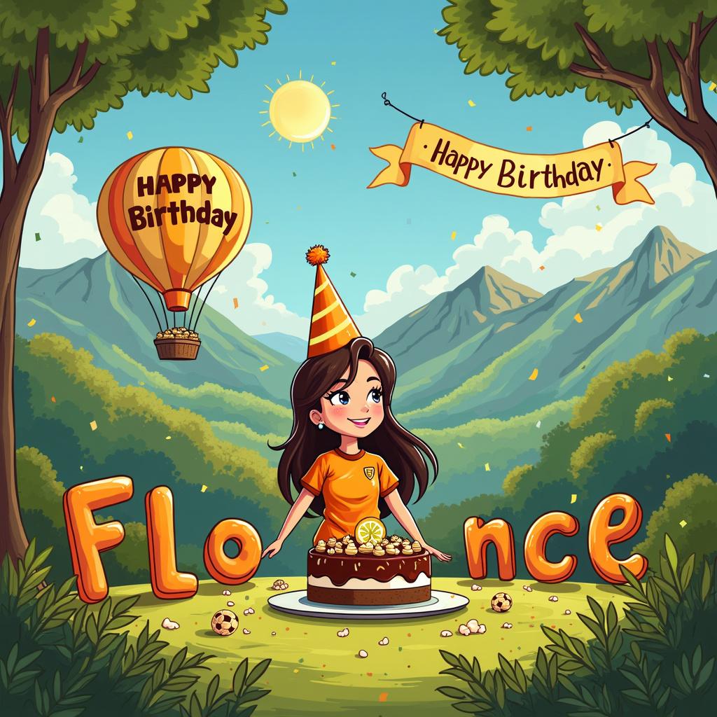 A vibrant cartoon birthday scene opens up over a lush, green mountainside. At the center of the frame, Florence celebrates with an animated, oversized Jaffa cake, wearing a football jersey and a party hat. In the sky, a football-shaped hot air balloon floats with 'Happy Birthday Florence' emblazoned across it in bold letters. A Jaffa cake motif permeates the scene, with mountains themselves having a chocolate-colored layer on top, mimicking the appearance of these iconic British snacks. In the background, cartoonish figures that represent a football team of diverse women celebrate, tossing a ball back and forth to represent Florence's interest in lesbian football culture. The sun smiles above, with rays that resemble lemon-zest strands, while a banner with the number corresponding to Florence's age flutters from the balloon. Balloon letters spelling out 'Florence' hover above a table set for a party, complete with folded napkins, confetti, and a large, comical football doubling as a cake stand.
Generated with these themes: Lesbian, Football, Mountains, and Jaffa cakes.
Made with ❤️ by AI.