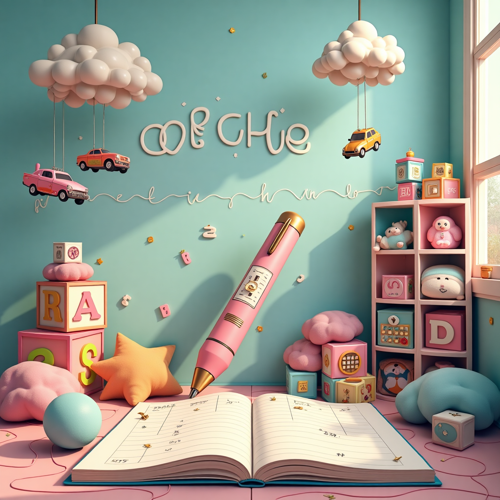 Imagine a whimsical scene set in a fantastical nursery that doubles as a bustling metropolis of playful chaos. The room is decorated with pastel colors and is teeming with baby paraphernalia, but there's a twist — each item relates to the themes of pen, destiny, GTA, math, and nerd.

In the center of the room, a giant open notebook with lines and grid paper is spread out like a rug, its pages filled with doodles of math equations, baby bottles, and pacifiers drawn with colorful pens. An oversized pen, towering like a monument, stands upright, its cap shaped like a baby’s pacifier, signifying the start of Archie’s journey and the writing of his destiny.

Suspended in the air are mobiles made from miniature replicas of iconic GTA cars, complete with baby-friendly modifications like pastel colors and pacifiers on the bumpers. They rotate gently, casting playful shadows on the walls. Each car dangles from a series of interconnected gears and pulleys, reminiscent of math equations, as if calculating the perfect orbit.

On one side, a stack of giant nerdy glasses frames form a bookshelf, housing soft, plush blocks emblazoned with numbers, letters, and cute cartoon calculators, inviting little Archie to solve the mysteries of life. These are lit by a glowing desk lamp shaped like a D20 dice, casting an enchanting geometric pattern on the walls.

In the sky-like ceiling, fluffy cloud-shaped pillows float lazily, with the word "ARCHIE" spelled out in skywriting, as if drawn by a playful airplane flying overhead. The letters are created from digital pixels, hinting at a nerdy, tech-savvy future. These clouds, alongside the gaming cars, hint at the myriad of destinies awaiting baby Archie.

This card cover tells a story of a world where baby Archie’s future is an open book, driven by playful curiosity, and sprinkled with the humor and imagination only a new parent could dream of.
Generated with these themes: Pen, Destiny, Gta, Maaths, and Nerd.
Made with ❤️ by AI.