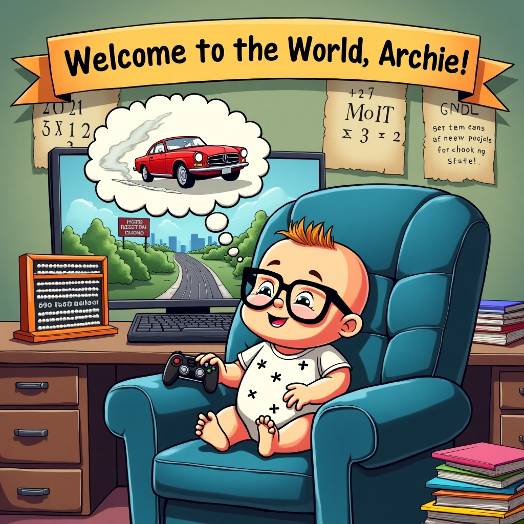 In the foreground of this playful and inventive greeting card, a baby wearing thick glasses and a cute little onesie adorned with tiny mathematical symbols, like addition and multiplication signs, sits in a large, plush gaming chair. The chair is a nod to a classic "GTA" setup, with a tiny video game controller resting on the baby's lap. A large desktop monitor in front of the baby displays a cartoonish cityscape reminiscent of "GTA", with roads and tiny cars zooming around. Hovering above the monitor is a cloud-shaped thought bubble, containing an oversized pen drawing the word "Destiny" in swirling letters, symbolizing the new chapter in the baby's life.

On the baby's right side, there's a stack of colorful comic books, and on the left, a giant abacus, symbolizing both the nerdy and mathematical aspects of the theme. In the background, the walls are adorned with posters of fictional mathematical equations that defy logic, making even the nerdiest laugh. A vibrant banner stretches across the top of the scene with the words "Welcome to the World, Archie!" cleverly integrated into a number plate on a fictional car speeding through the cartoon cityscape on the monitor. The mixture of bright colors and humorous elements, combined with the personalized touch for "Archie," creates an engaging and memorable card cover perfect for celebrating a new baby's arrival.
Generated with these themes: Pen, Destiny, Gta, Maaths, and Nerd.
Made with ❤️ by AI.