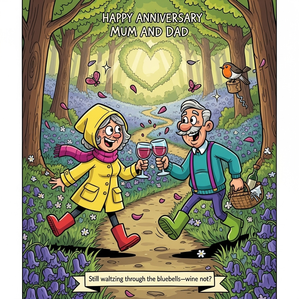 Walking in bluebell woods, Wine, and Anniversary Card