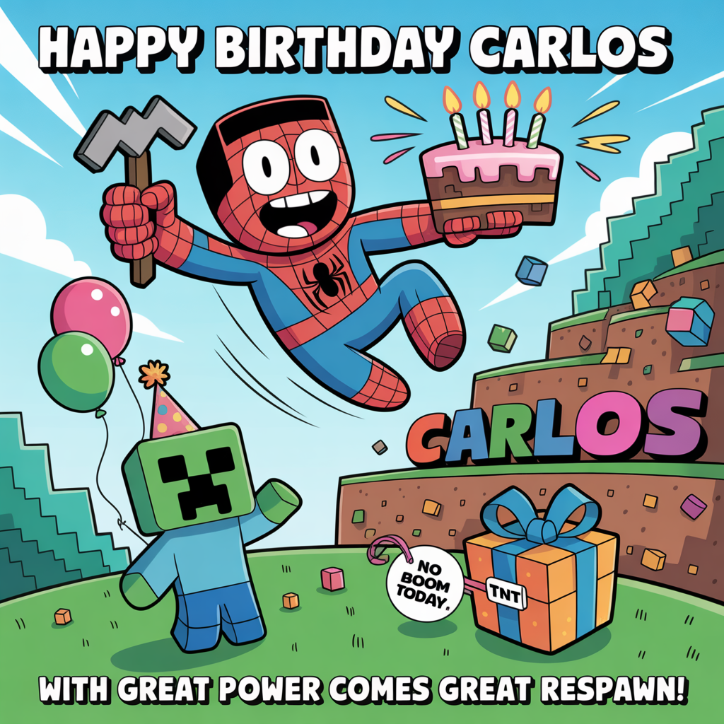 At the top of the Cartoon Style image, "Happy Birthday Carlos"

At the bottom of the image, "With great power comes great respawn!"

Playful cartoon style with exaggerated proportions, thick black outlines, and bright saturated colors: In the center, a bouncy, wide-grinned Spider-Man swings diagonally on a swoopy web through a Minecraft-style blocky landscape. One hand clutches a pixelly diamond pickaxe, the other holds a chunky Minecraft cake slice with candles sparking. Below, a cheerful Creeper wearing a tiny polka-dot party hat poses for a selfie with a blocky party balloon; a TNT gift box sits nearby wrapped with a big ribbon and a “No Boom Today” tag. Build a gigantic 3D “CARLOS” out of colorful blocks in the background hillside, draped in web-streamers and cube-shaped confetti. Add comic motion lines, starbursts, and chunky highlights; sky is bright cyan with square clouds. Use a bold, bubbly comic font for the text: top line big and heroic, bottom line punchy and playful.
Generated with these themes: Spider-Man , Minecraft , and .
Made with ❤️ by AI.