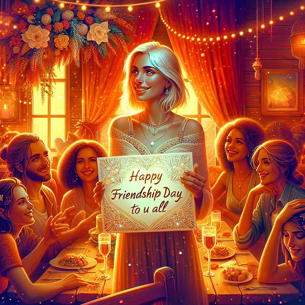 Create a charming illustration that encapsulates the spirit of an anniversary celebration inside a cozy, festively decorated room. In this scene, the central figure is a Caucasian woman, her face illuminated by a heartfelt smile as she holds a delicate, handmade sign that reads, 'Happy Friendship Day to U All.' Surrounding her are a close-knit group of friends of diverse genders, their faces radiant with joy and camaraderie. This image highlights the bond of friendship within a warm, inviting atmosphere, drenched in rich, vibrant hues.
Generated with these themes: A white lady wish all  her  girl / boy friends ,Happy friendship day to u all.
Made with ❤️ by AI.