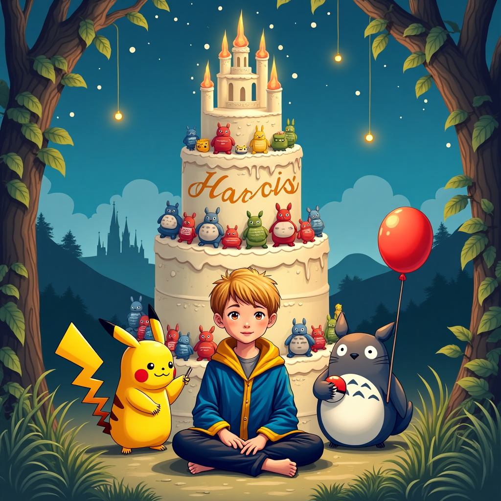 In this birthday card scene, the illustration combines a whimsical and vibrant world, harmoniously integrating elements from beloved franchises.

Foreground: 
- A blond-haired boy, about 8 years old, is seated cross-legged, centered in the scene. He’s dressed in a Hogwarts-inspired robe, but instead of the traditional colors, it's a vivid electric blue with golden yellow trim, reminiscent of a Transformer’s palette. 

- To his right, a Pikachu, cheerfully energetic, with its iconic lightning-bolt tail. It's holding a small wand in its paw, resembling Harry Potter’s wand, with a tiny glowing tip, hinting at a spell being cast.

- To his left, a small Totoro from Studio Ghibli, snuggled up, holding a balloon shaped like a Poké Ball. The balloon’s red, white, and black colors are vividly bright, with a slight gloss that suggests a latex finish.

Background:
- A towering birthday cake stands behind the boy, its tiers whimsically leaning like a scene from a Beatrix Potter tale. The cake is adorned with cascading fondant Transformers, each robot delicately detailed and painted in primary colors: reds, blues, and yellows. 

- "Harris" is artistically inscribed on the topmost tier of the cake, in icing shaped like the Hogwarts castle, with tiny turrets and windows.

- Above, a sky filled with floating candles (à la Harry Potter), gently illuminating the scene with a warm, golden glow.

- Interwoven between the candles are faint outlines of Ghibli's flying spirits, etched in a style reminiscent of Edward Gorey’s detailed linework, their forms subtle and airy.

Surroundings:
- The backdrop depicts a stylized landscape inspired by Maxfield Parrish, where rolling hills meet a horizon of mystical castles and whimsical forests, rich in deep blues and purples, touched with strokes of moonlit silver.

- In the corners, intricately drawn vines and foliage, inspired by Aubrey Beardsley’s art, frame the scene, adding a layer of intricate detail with their swirling, elegant forms in contrasting black and white.

This design merges nostalgia with playful fantasy, creating a visually rich birthday card cover that celebrates the imagination.
Generated with these themes: Blond haired boy Transformers Pokemon Harry Potter Ghibli.
Made with ❤️ by AI.