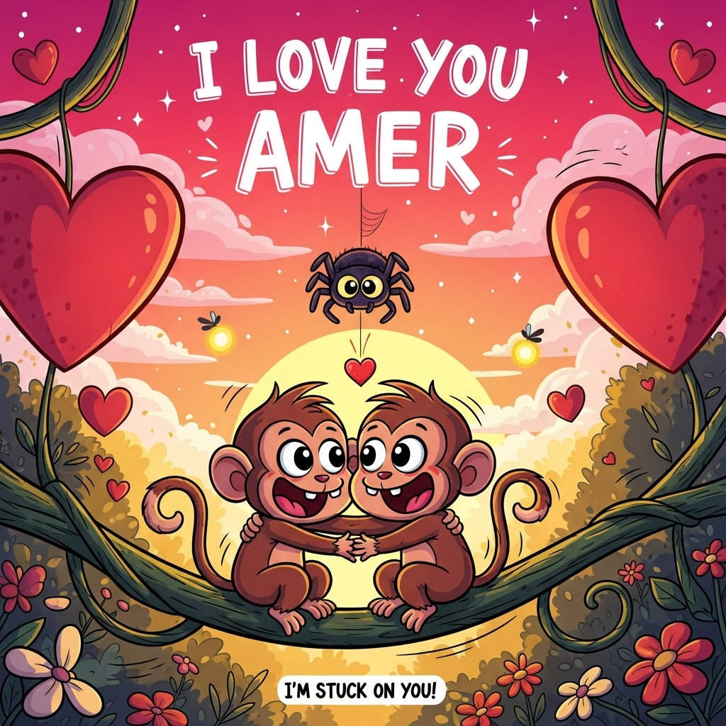 At the top of the Cartoon Style image, write in big, playful, hand-lettered script: **I love you Amer**.  

A vibrant, romantic cartoon scene set in a lush, dreamy jungle at sunset, bathed in warm pinks, reds, and golds. Two adorable, wide-eyed monkeys with exaggerated expressions and fluffy fur are sitting on a thick vine, hugging each other tightly with big, goofy smiles, their tails curling into the shape of a heart. Above them, a cute, friendly cartoon spider hangs from a sparkly silken thread, lowering down a tiny red heart between them like a gift. The background bursts with whimsical flowers, oversized heart-shaped leaves, and fireflies twinkling in the warm air. The whole scene is full of motion, warmth, and joy, with bold outlines and rich, saturated colors. At the bottom in small, cheeky lettering: **I’m stuck on you!**  
Generated with these themes: Monkeys, Spider, Hug, Romance, Love, and .
Made with ❤️ by AI.