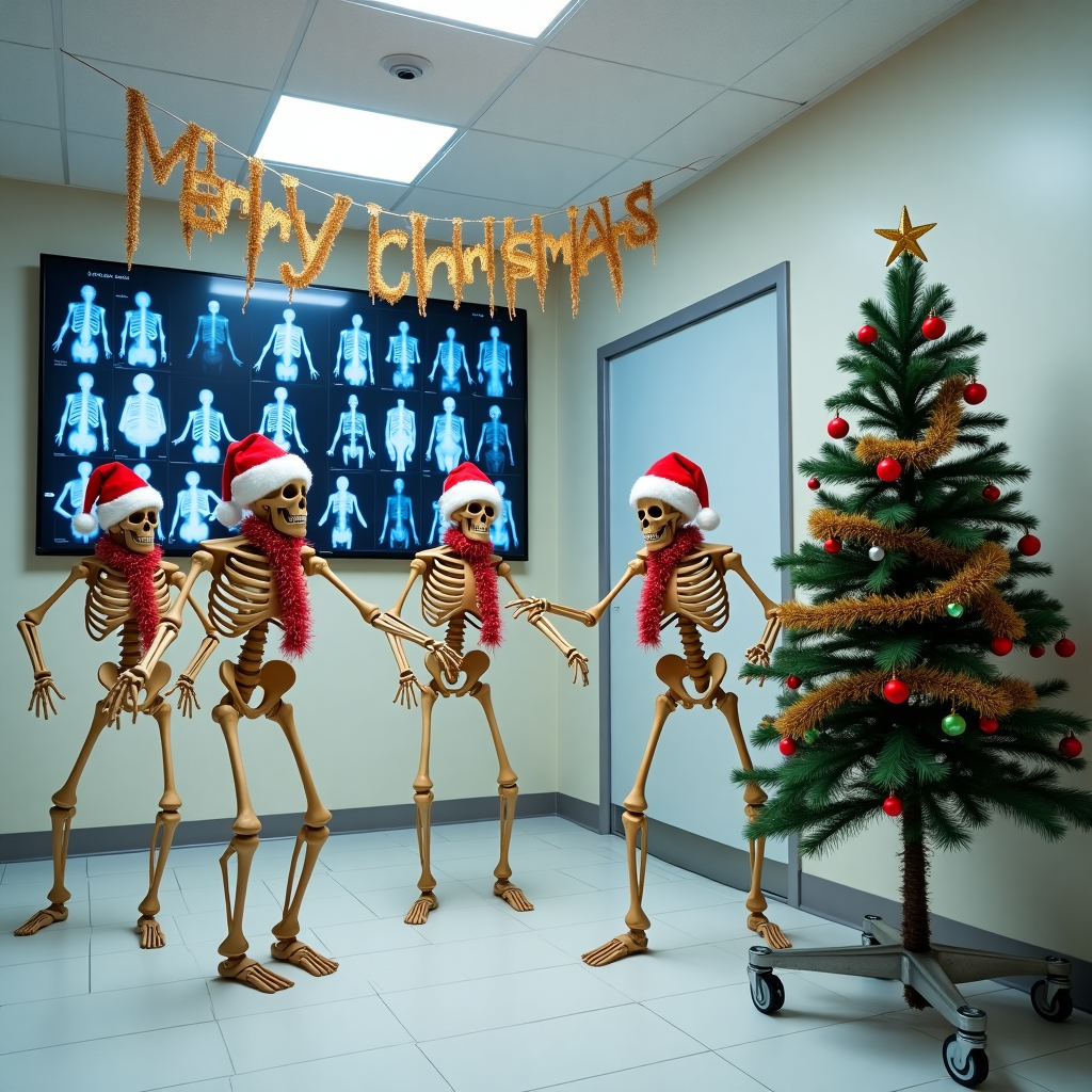 In a whimsical blend of medical mystery and holiday cheer, imagine an X-ray room transformed into a lively Christmas wonderland. At the center of the room, several lively skeletons, each wearing a plush Santa hat with fluffy white trim, engage in a playful dance. Their bony limbs are humorously adorned with glittering strands of red and gold tinsel draped around their necks like festive scarves. Above this skeletal jamboree hangs a cheerful "Merry Christmas" banner, each letter sparkling with gold and silver glitter, suspended by delicate golden threads from the ceiling tiles. In the corner of the room, an X-ray light box flickers to life, illuminating not the usual medical imagery but instead casting a glow on an assortment of cheerful X-ray images depicting skeletons in various merry poses. This artistic twist adds a unique layer to the scene, blending the room's usual purpose with the holiday spirit. Next to the light box, a small but resplendent Christmas tree stands proudly on a steel medical cart. Its branches are covered with miniature red and green ornaments, and a tiny star perches triumphantly at the top. The room's sterile white walls and tiled floor, usually so clinical, now play host to this quirky festive display, creating a charming clash of the scientific and the seasonal.
Generated with these themes: Skeletons dancing wearing Santa hats, and tinsel  around neck, Merry Christmas banner, X-ray room, and Small Christmas tree.
Made with ❤️ by AI.